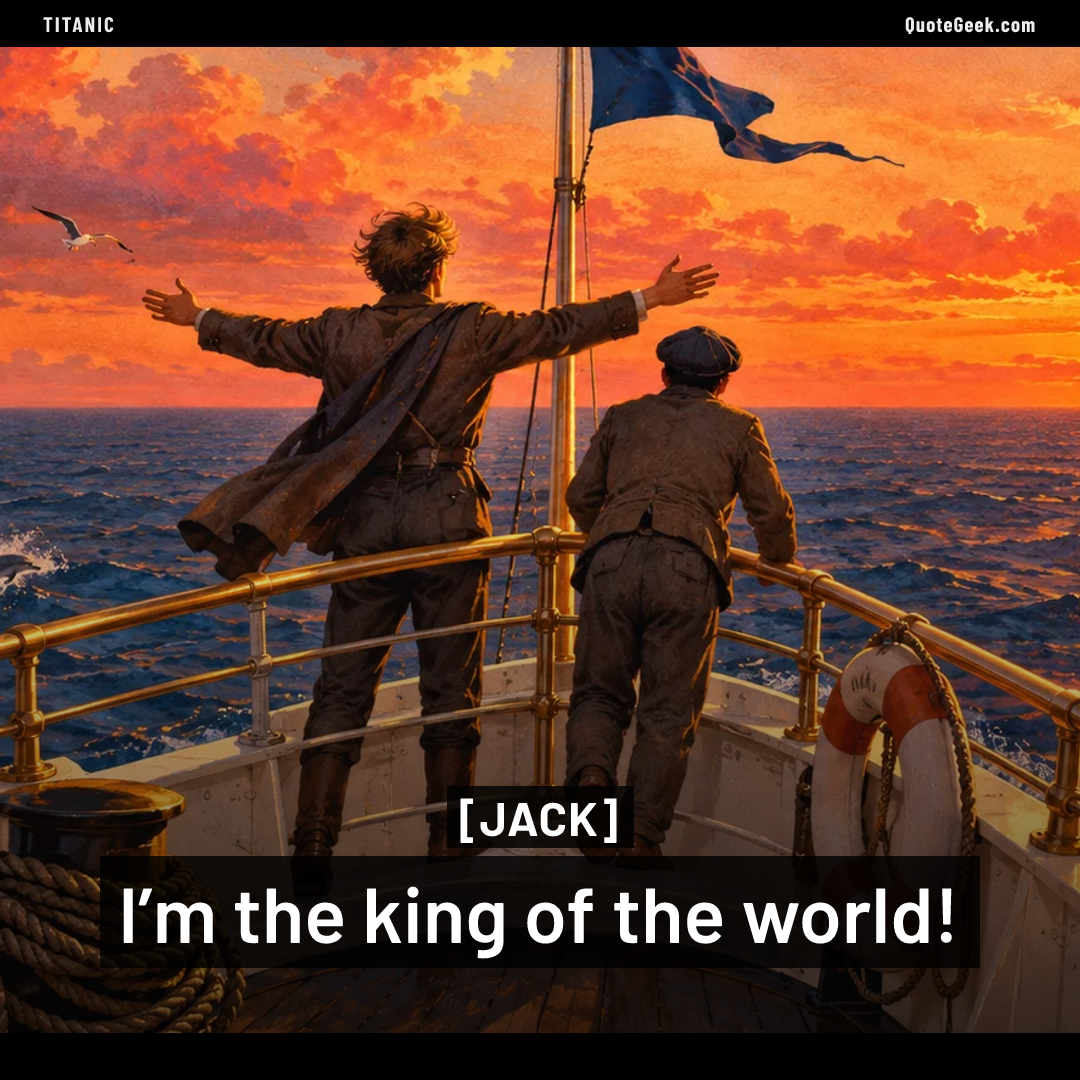 “I’m the king of the world!” — Jack · Titanic. Illustrated QuoteGeek card.