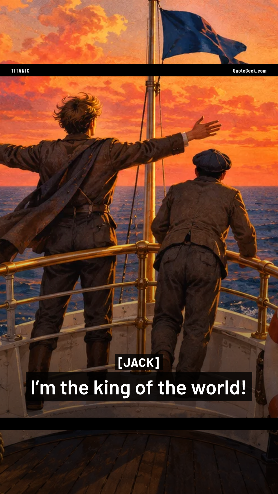 “I’m the king of the world!” — Jack · Titanic. Illustrated QuoteGeek card.