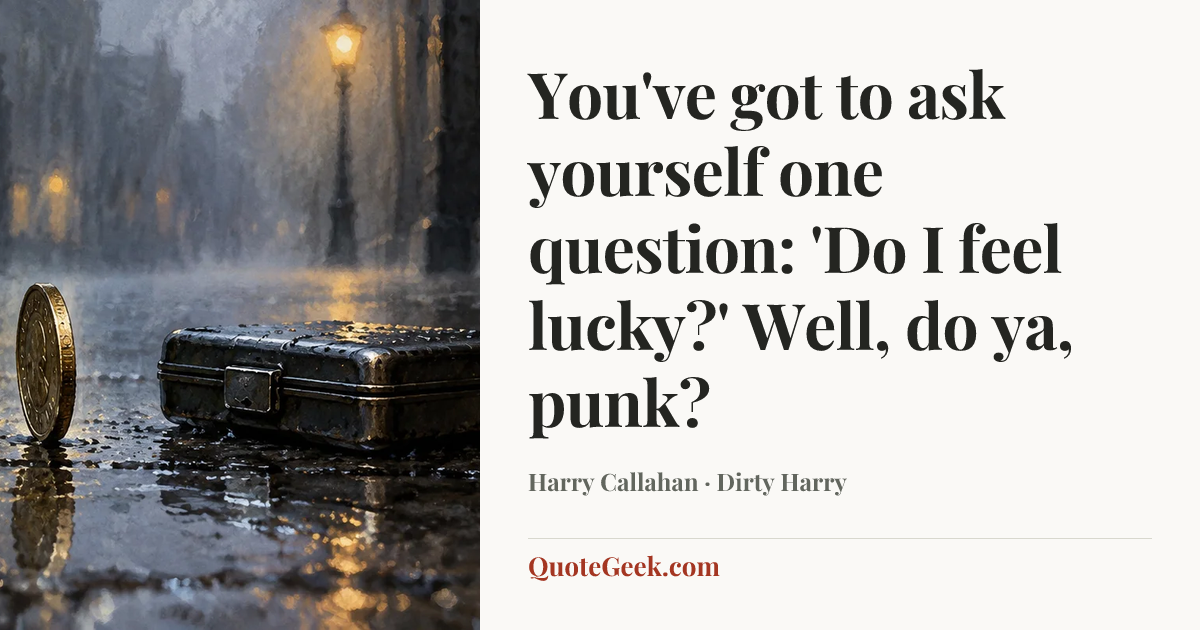 “You've got to ask yourself one question: 'Do I feel lucky?' Well, do ya, punk?” — Harry Callahan · Dirty Harry. Illustrated QuoteGeek card.