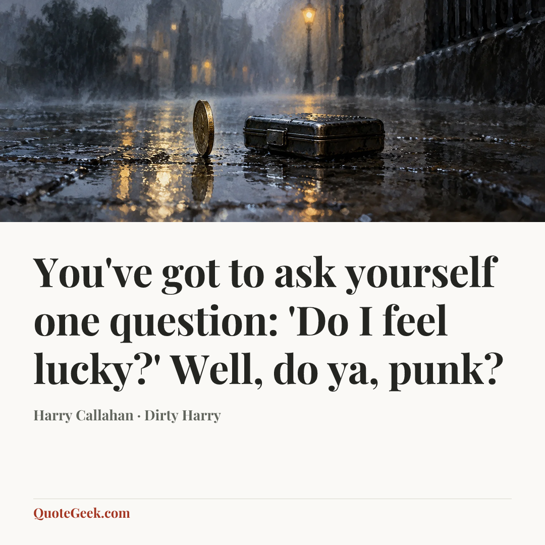 “You've got to ask yourself one question: 'Do I feel lucky?' Well, do ya, punk?” — Harry Callahan · Dirty Harry. Illustrated QuoteGeek card.