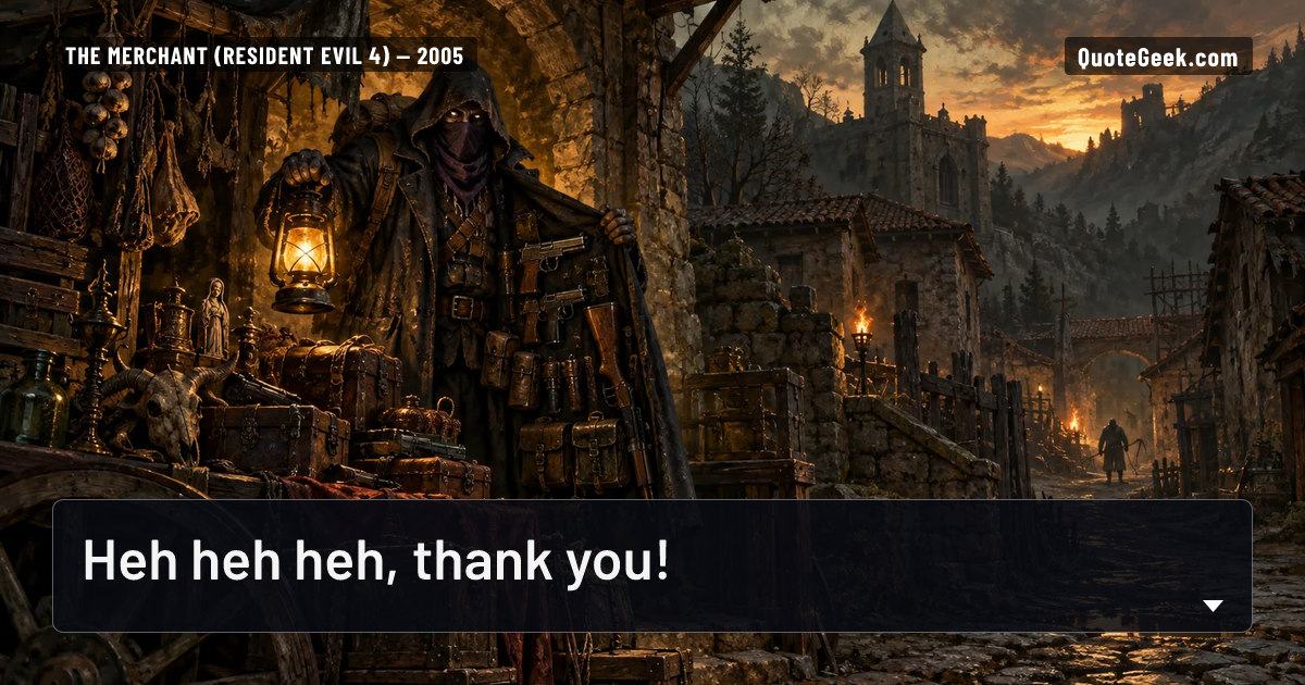 “Heh heh heh, thank you!” — The Merchant (Resident Evil 4) · Resident Evil 4. Illustrated QuoteGeek card.