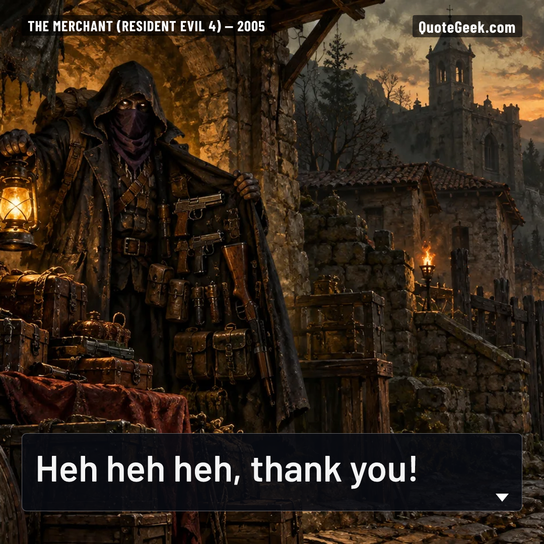 “Heh heh heh, thank you!” — The Merchant (Resident Evil 4) · Resident Evil 4. Illustrated QuoteGeek card.