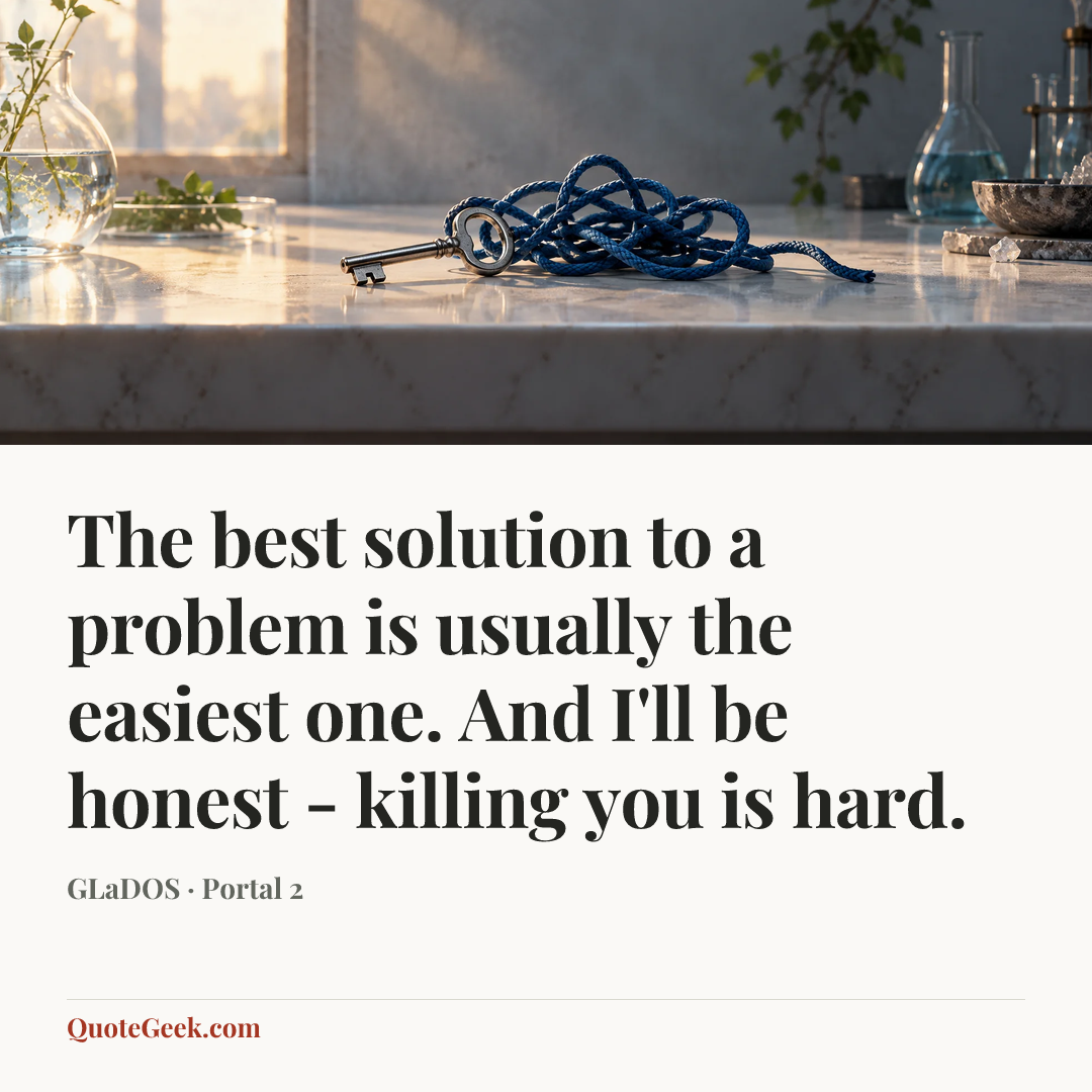 “The best solution to a problem is usually the easiest one. And I'll be honest - killing you is hard.” — GLaDOS · Portal 2. Illustrated QuoteGeek card.
