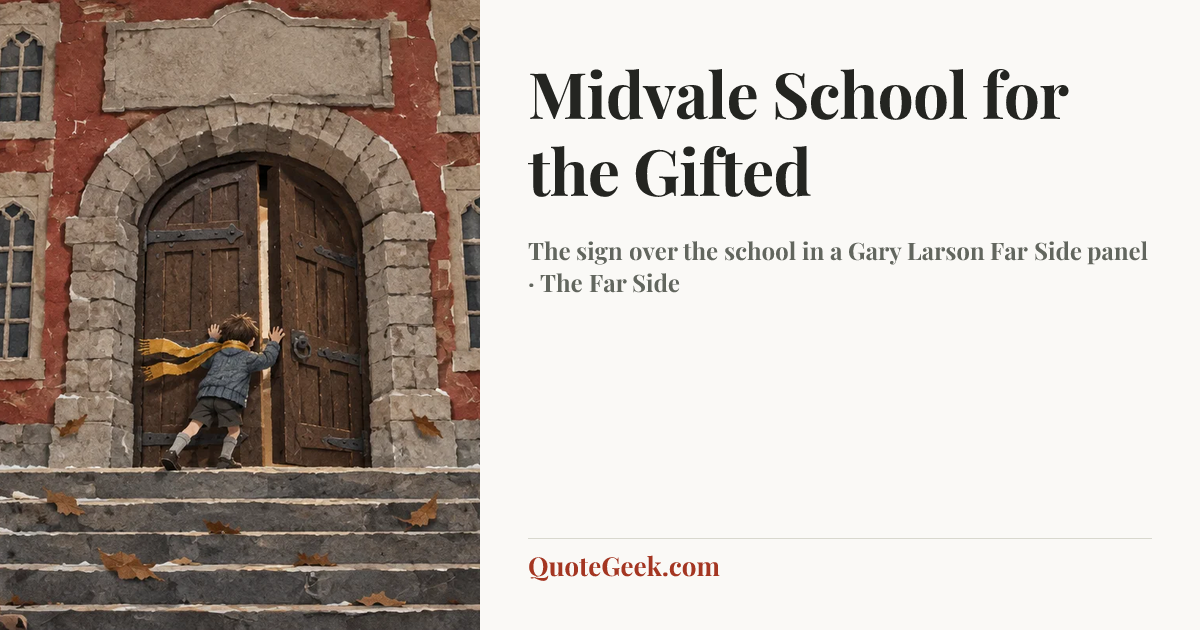 “Midvale School for the Gifted” — The sign over the school in a Gary Larson Far Side panel · The Far Side. Illustrated QuoteGeek card.