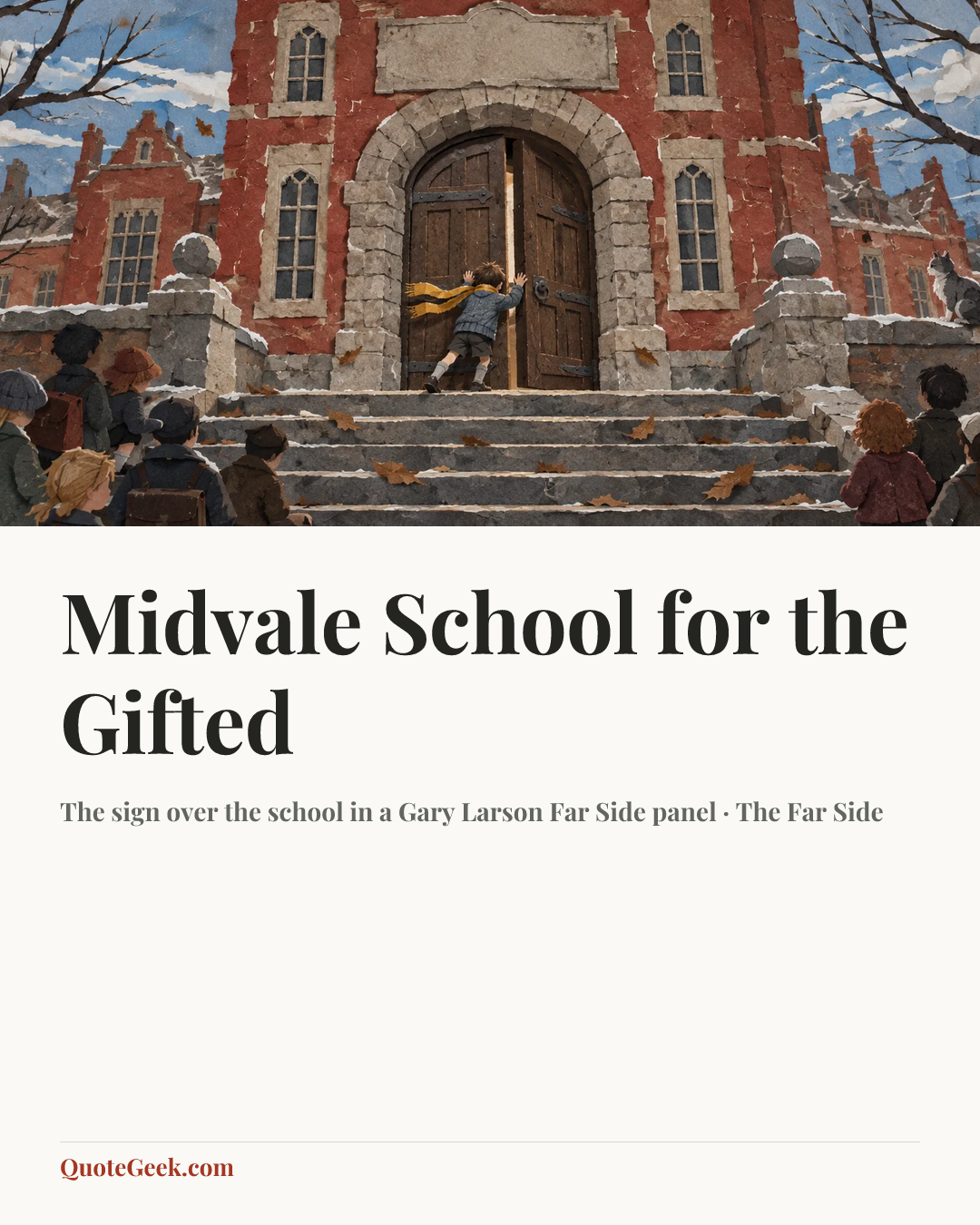 “Midvale School for the Gifted” — The sign over the school in a Gary Larson Far Side panel · The Far Side. Illustrated QuoteGeek card.