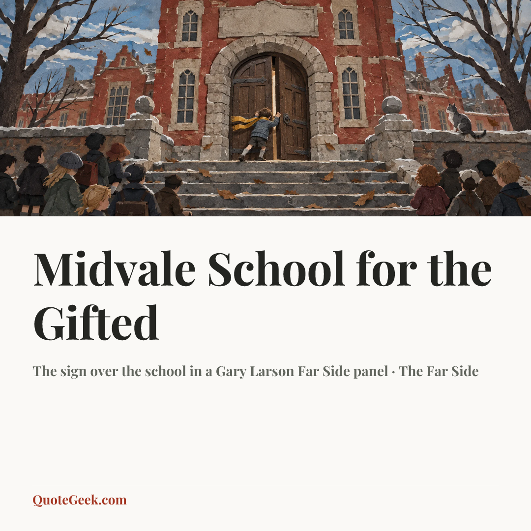 “Midvale School for the Gifted” — The sign over the school in a Gary Larson Far Side panel · The Far Side. Illustrated QuoteGeek card.