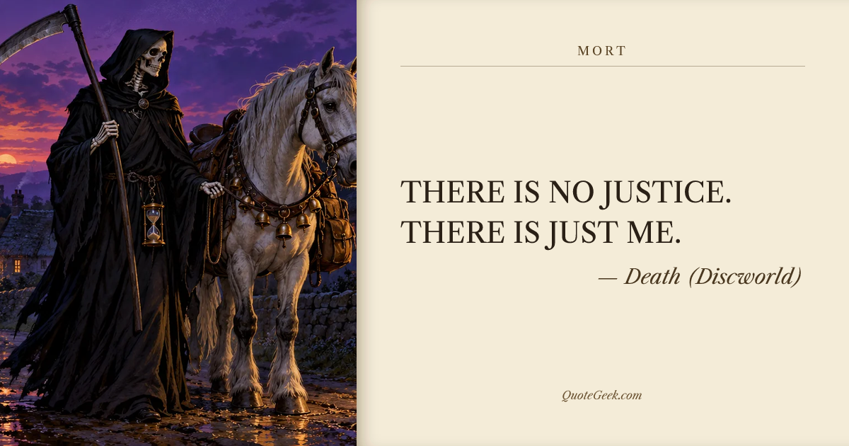 “THERE IS NO JUSTICE. THERE IS JUST ME.” — Death (Discworld) · Mort. Illustrated QuoteGeek card.