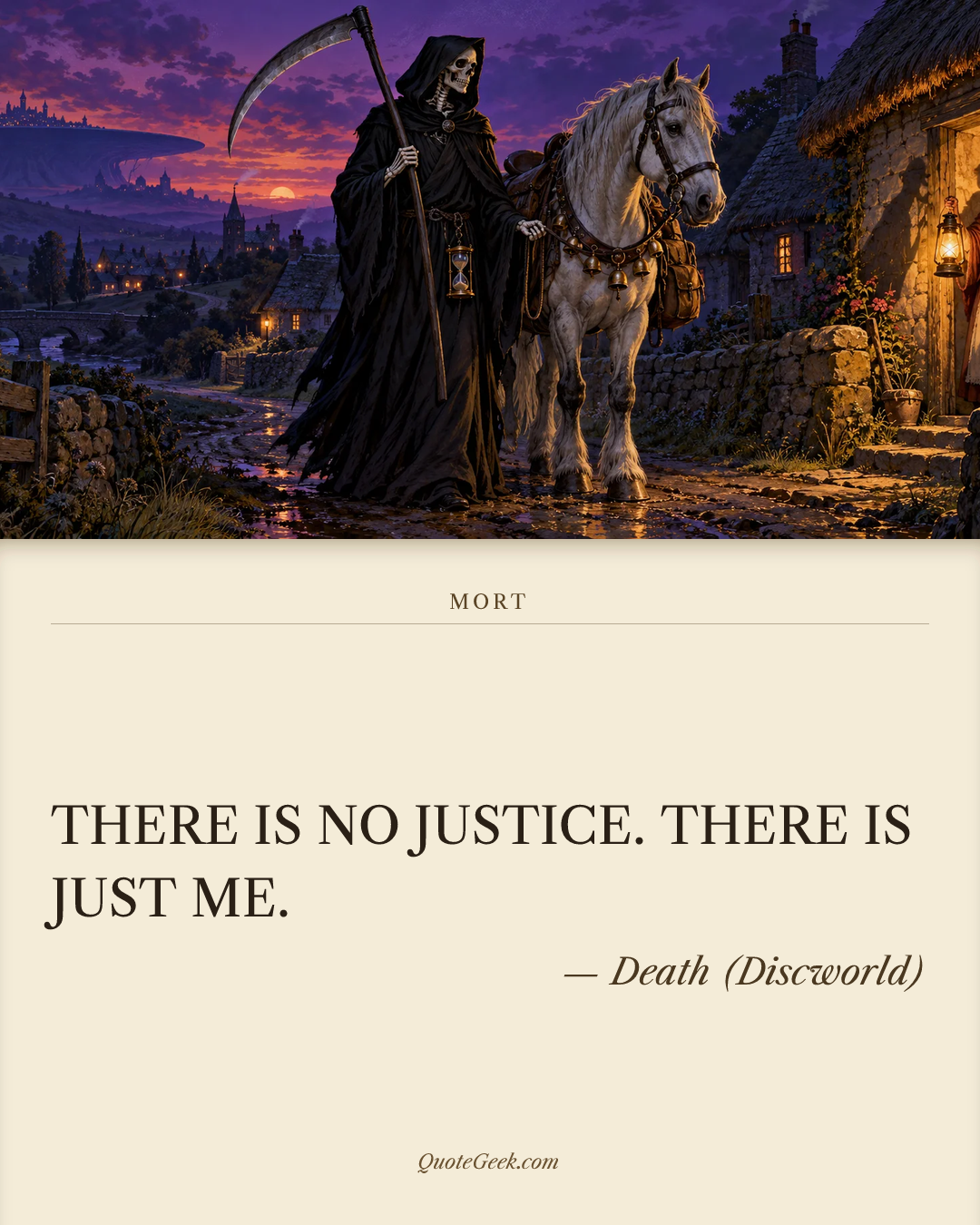 “THERE IS NO JUSTICE. THERE IS JUST ME.” — Death (Discworld) · Mort. Illustrated QuoteGeek card.