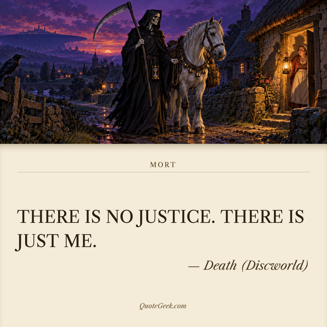 “THERE IS NO JUSTICE. THERE IS JUST ME.” — Death (Discworld) · Mort. Illustrated QuoteGeek card.