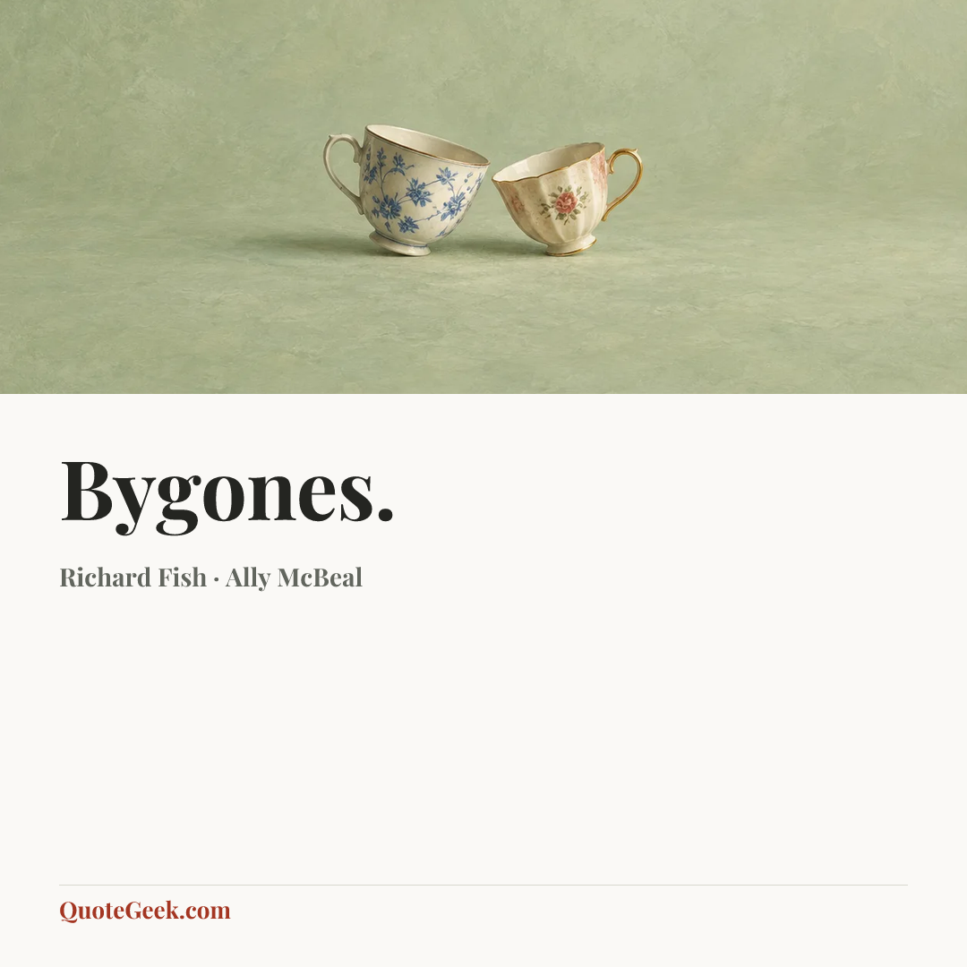 “Bygones.” — Richard Fish · Ally McBeal. Illustrated QuoteGeek card.