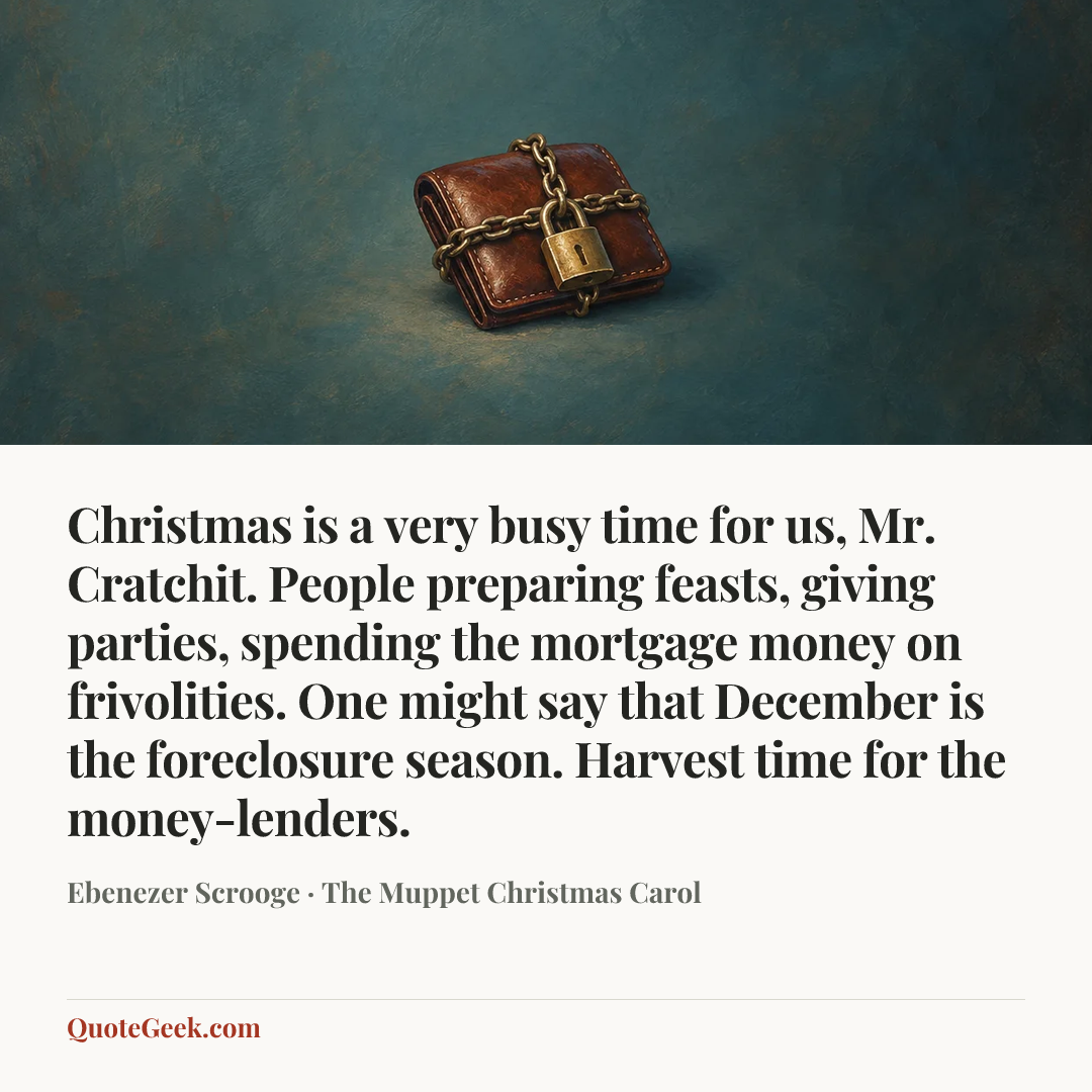 “Christmas is a very busy time for us, Mr. Cratchit. People preparing feasts, giving parties, spending the mortgage money on frivolities. One might say that December is the foreclosure season. Harvest time for the money-lenders.” — Ebenezer Scrooge · The Muppet Christmas Carol. Illustrated QuoteGeek card.