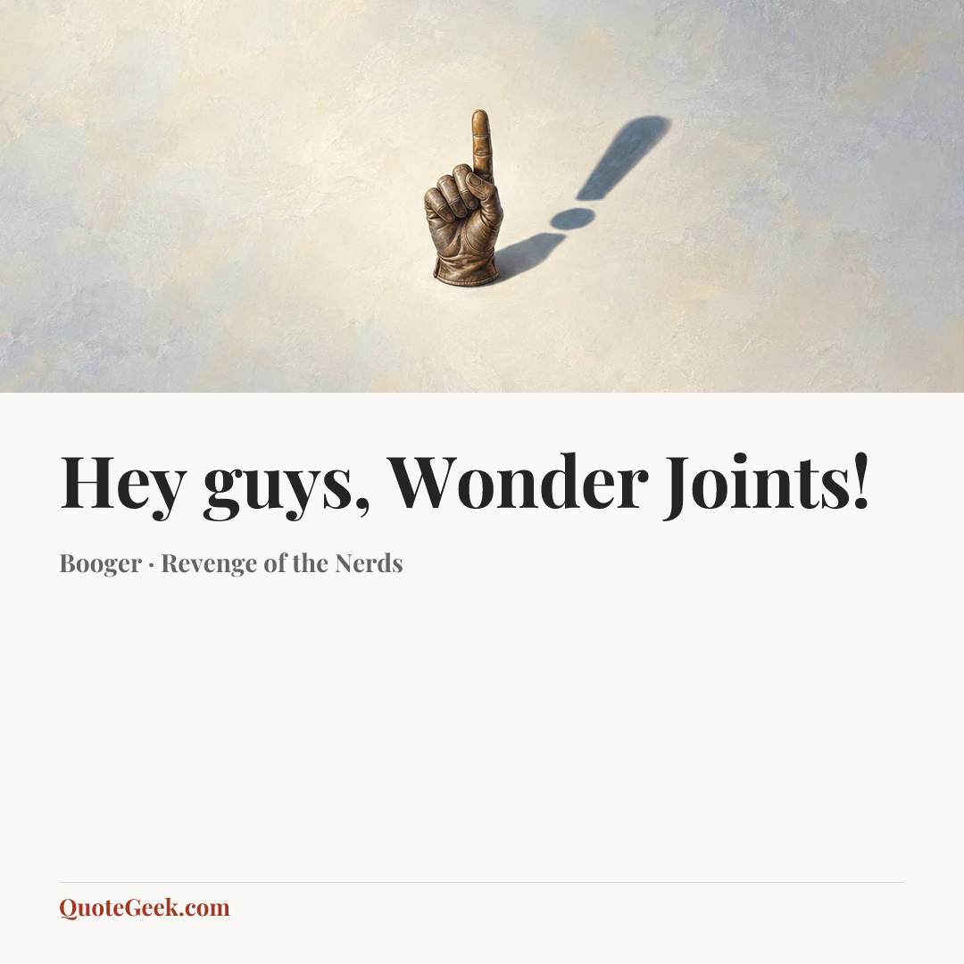 “Hey guys, Wonder Joints!” — Booger · Revenge of the Nerds. Illustrated QuoteGeek card.