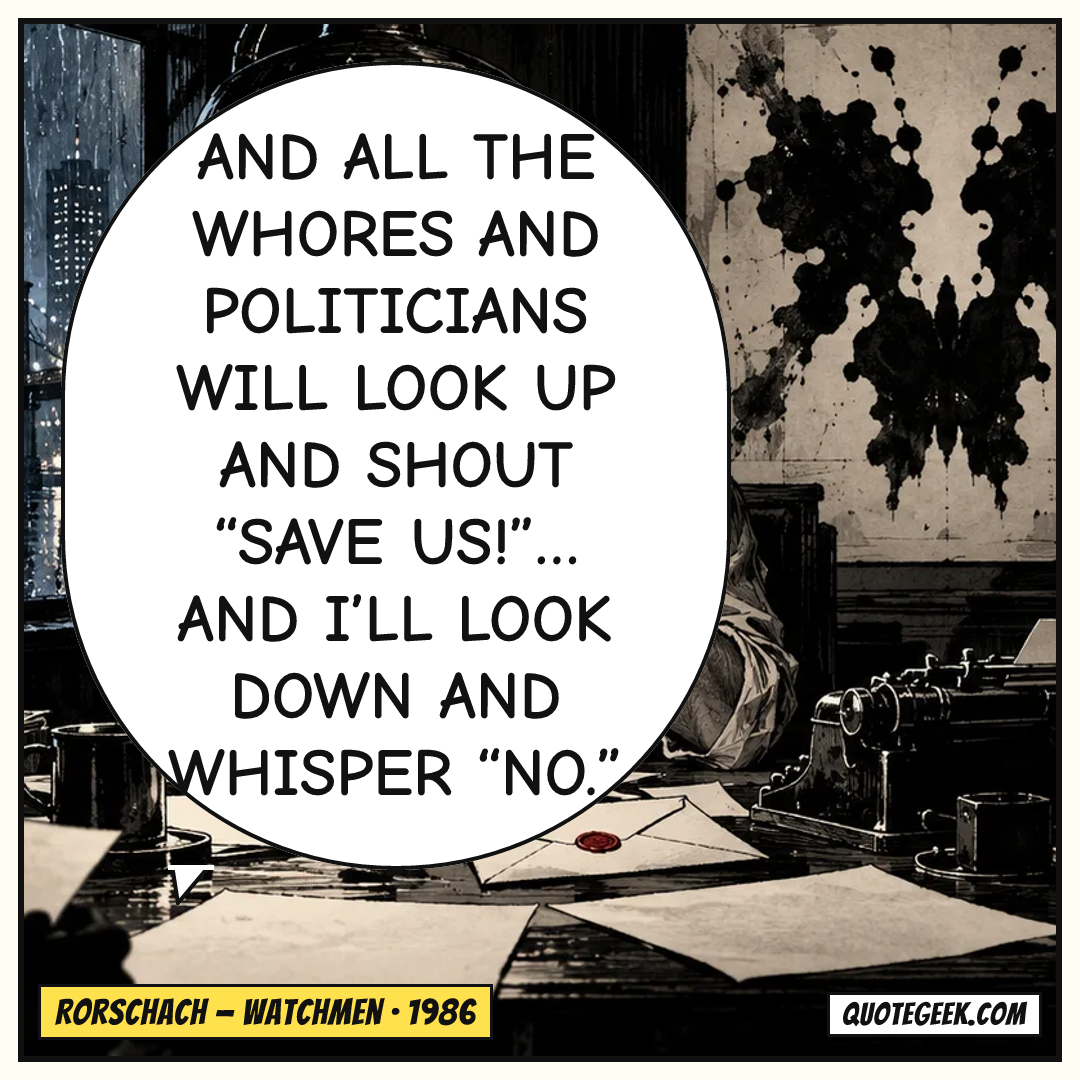 “And all the whores and politicians will look up and shout “Save us!”… and I’ll look down and whisper “No.”” — Rorschach · Watchmen. Illustrated QuoteGeek card.