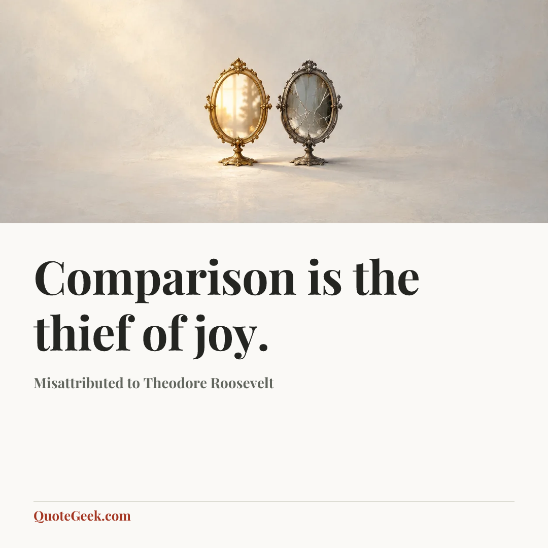 “Comparison is the thief of joy.” — Misattributed to Theodore Roosevelt. Illustrated QuoteGeek card.
