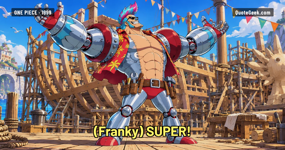 “SUPER!” — Franky · One Piece. Illustrated QuoteGeek card.