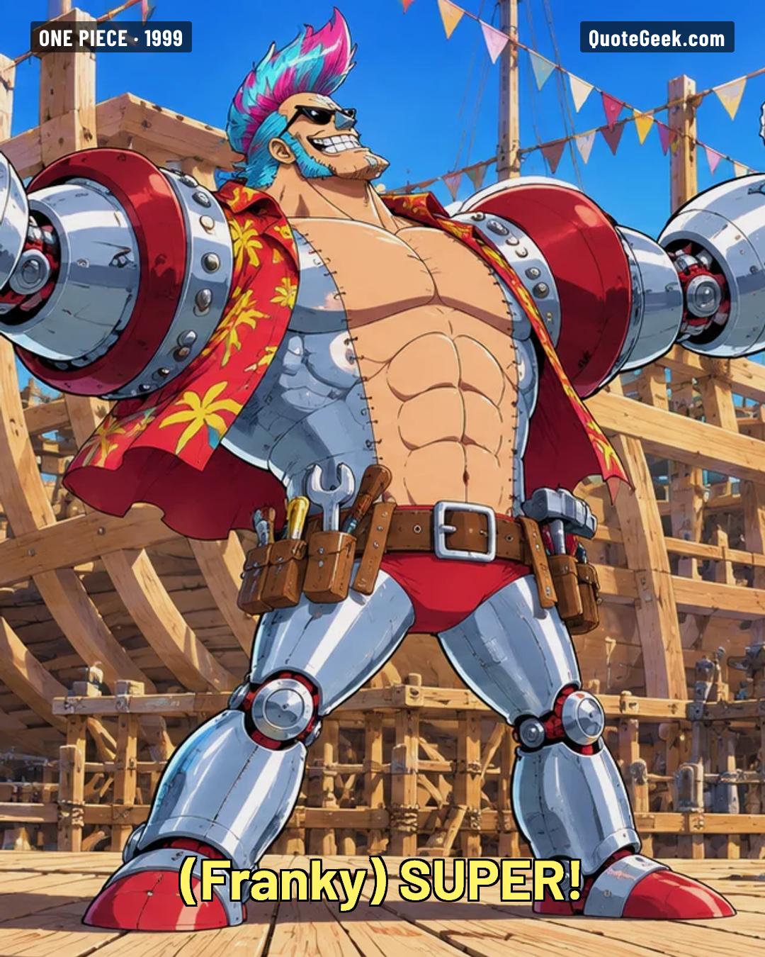 “SUPER!” — Franky · One Piece. Illustrated QuoteGeek card.