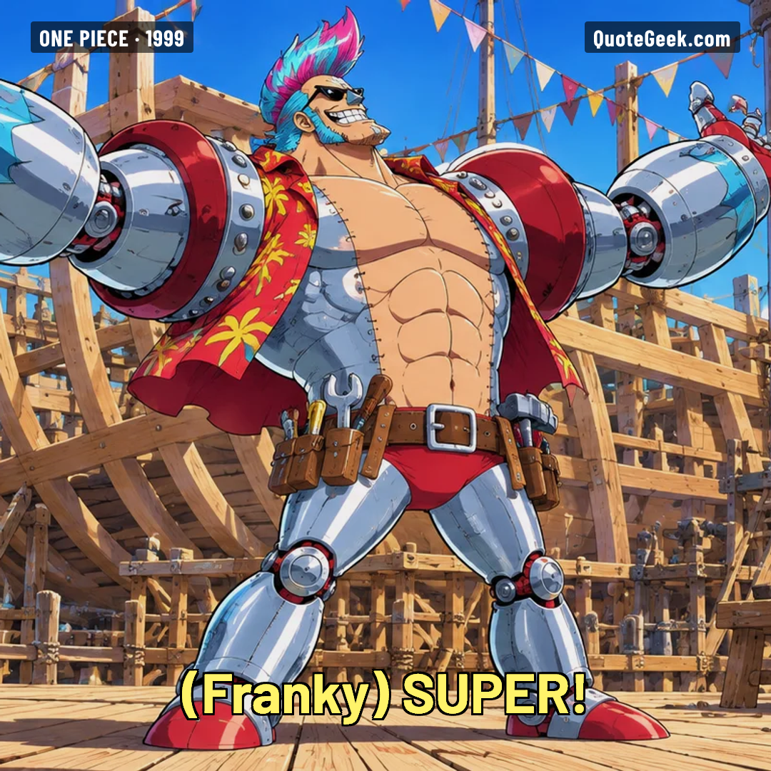 “SUPER!” — Franky · One Piece. Illustrated QuoteGeek card.