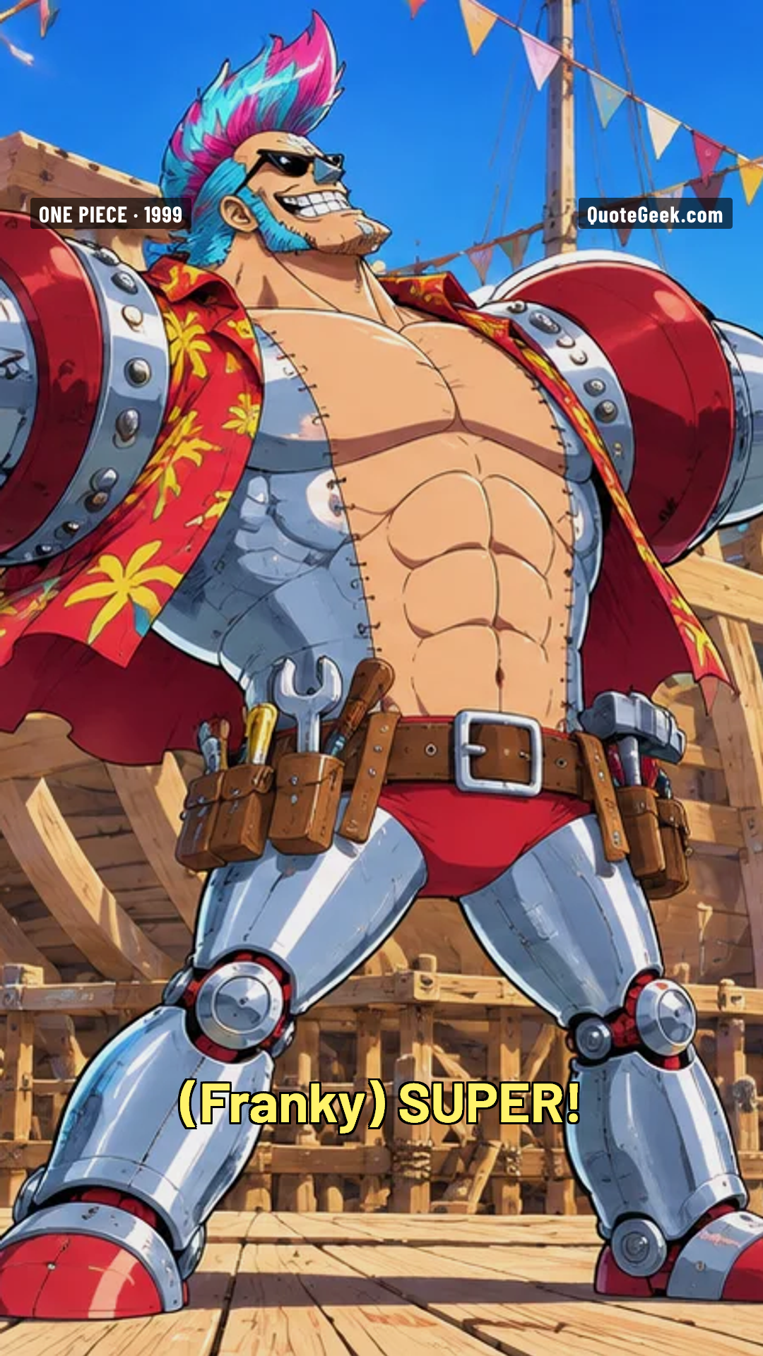 “SUPER!” — Franky · One Piece. Illustrated QuoteGeek card.
