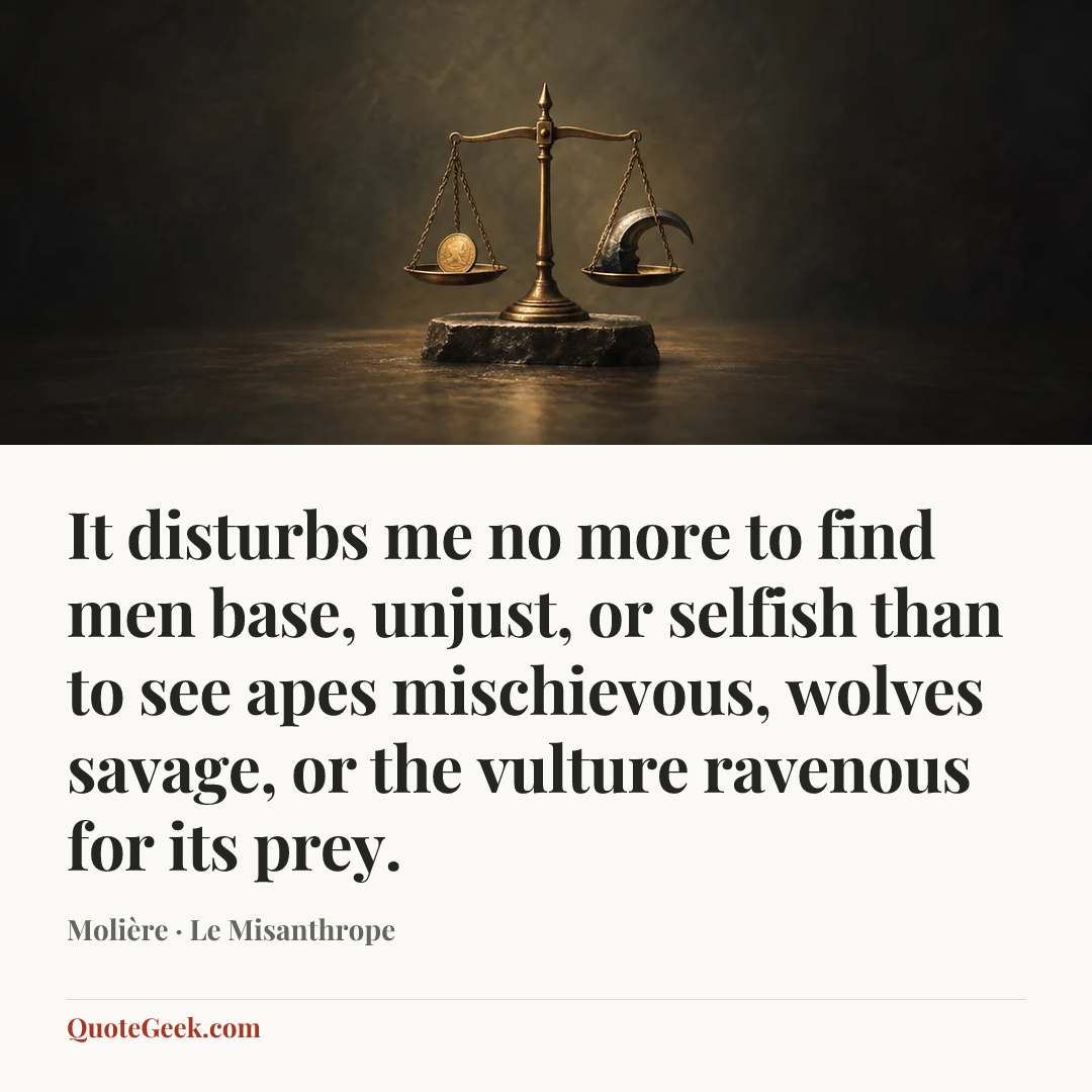 “It disturbs me no more to find men base, unjust, or selfish than to see apes mischievous, wolves savage, or the vulture ravenous for its prey.” — Molière · Le Misanthrope. Illustrated QuoteGeek card.