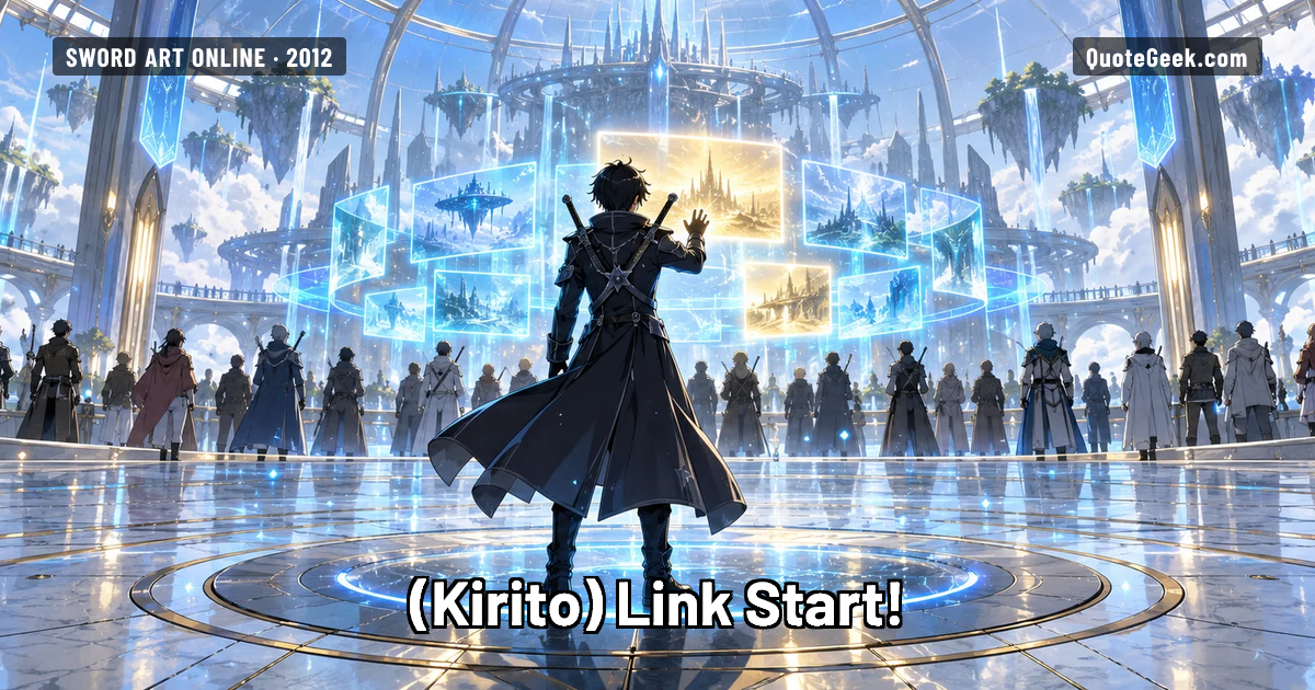 “Link Start!” — Kirito · Sword Art Online. Illustrated QuoteGeek card.