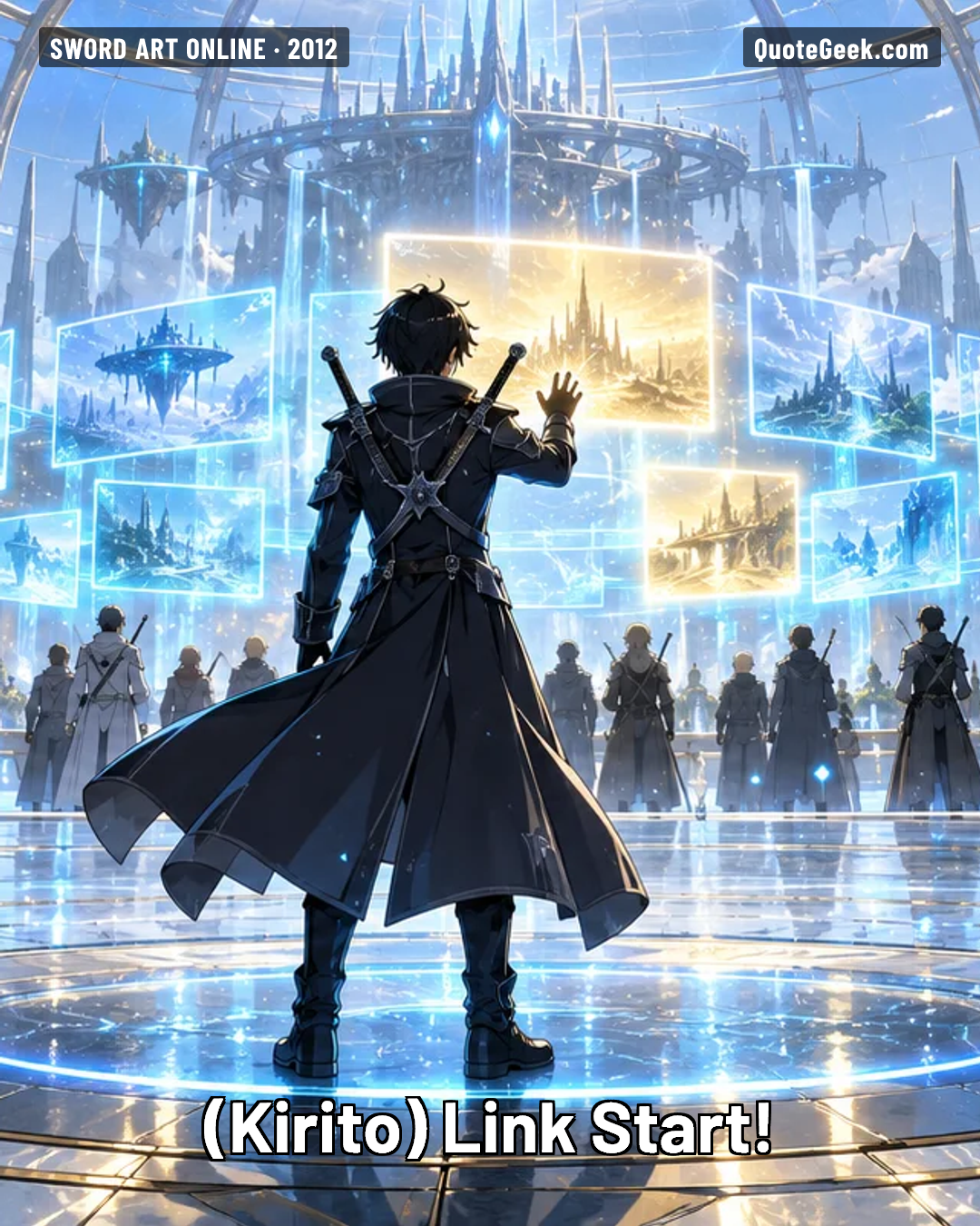 “Link Start!” — Kirito · Sword Art Online. Illustrated QuoteGeek card.