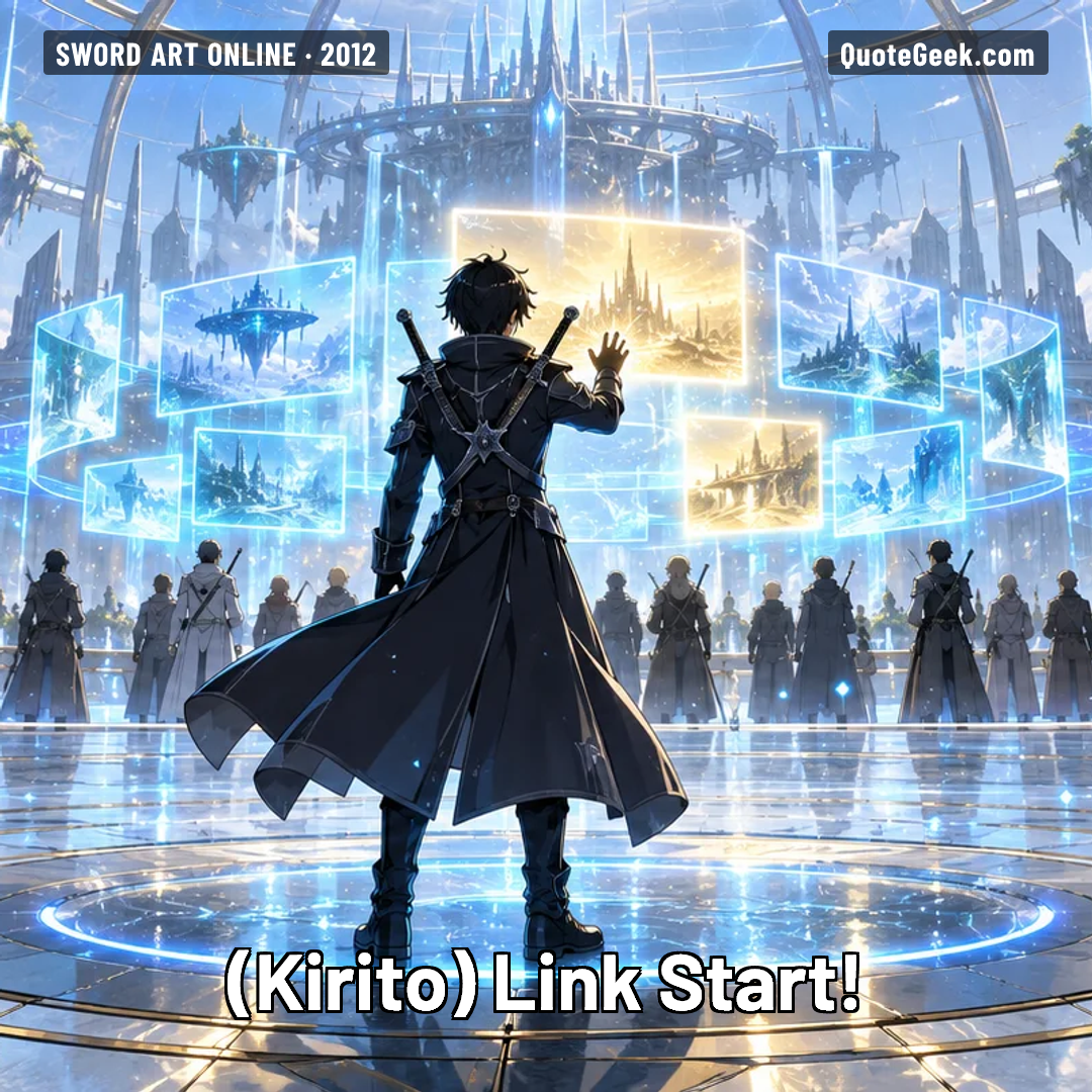 “Link Start!” — Kirito · Sword Art Online. Illustrated QuoteGeek card.