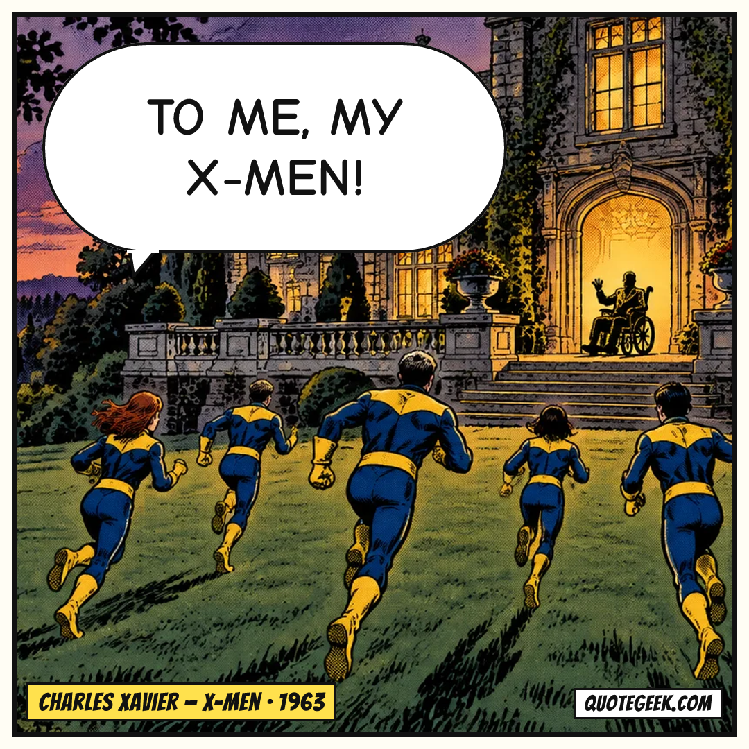 “To me, my X-Men!” — Charles Xavier · X-Men. Illustrated QuoteGeek card.