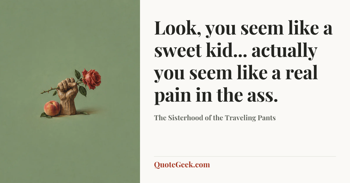“Look, you seem like a sweet kid... actually you seem like a real pain in the ass.” — The Sisterhood of the Traveling Pants. Illustrated QuoteGeek card.
