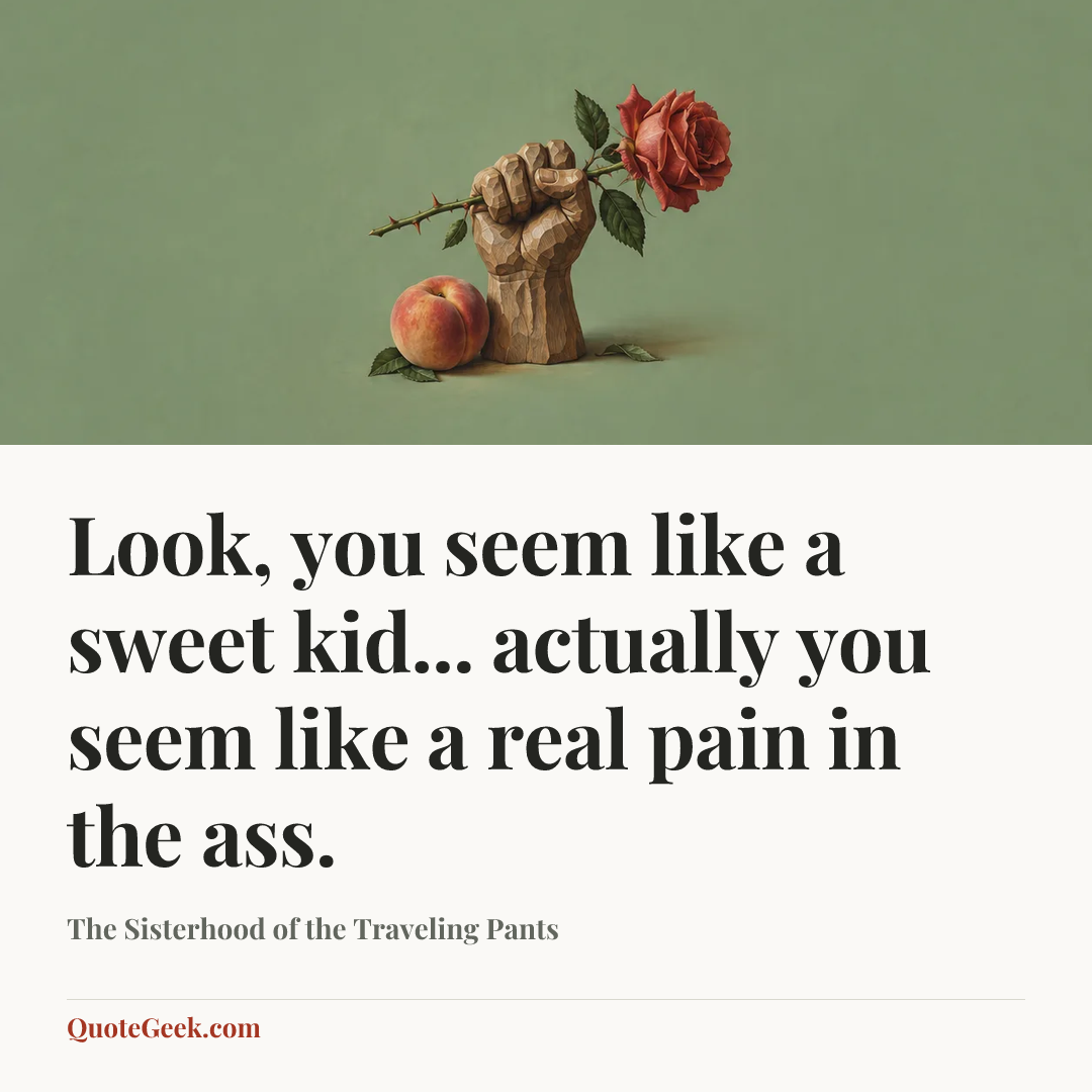 “Look, you seem like a sweet kid... actually you seem like a real pain in the ass.” — The Sisterhood of the Traveling Pants. Illustrated QuoteGeek card.