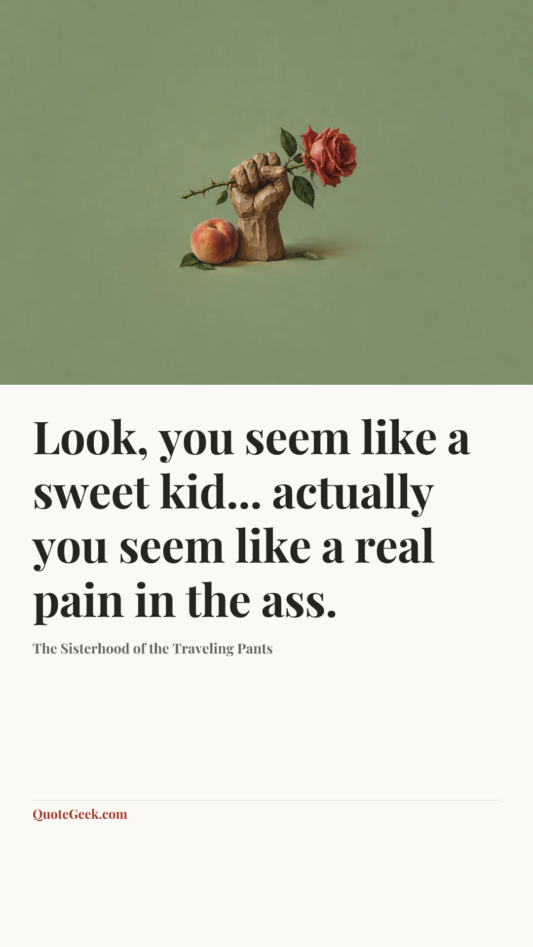 “Look, you seem like a sweet kid... actually you seem like a real pain in the ass.” — The Sisterhood of the Traveling Pants. Illustrated QuoteGeek card.