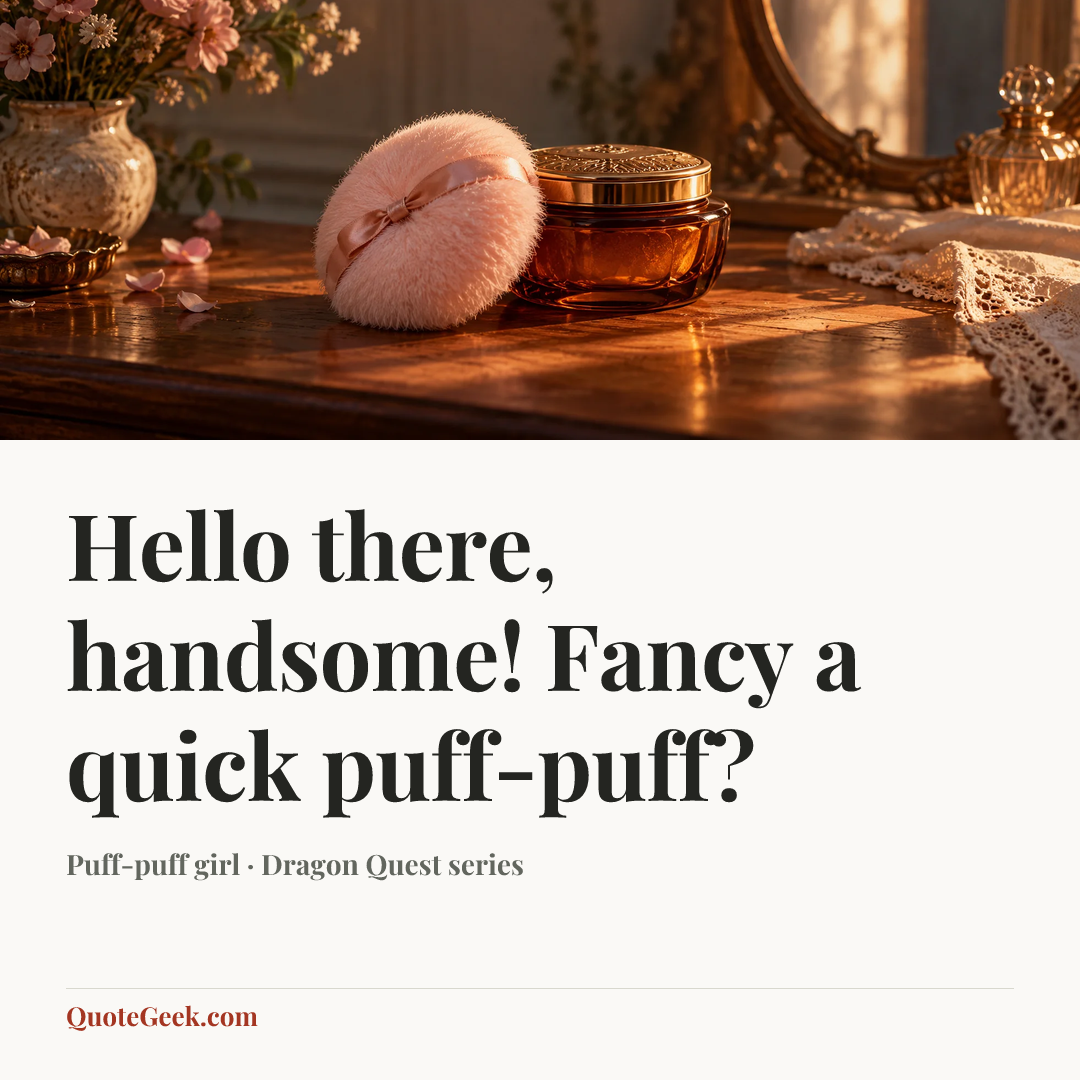 “Hello there, handsome! Fancy a quick puff-puff?” — Puff-puff girl · Dragon Quest series. Illustrated QuoteGeek card.