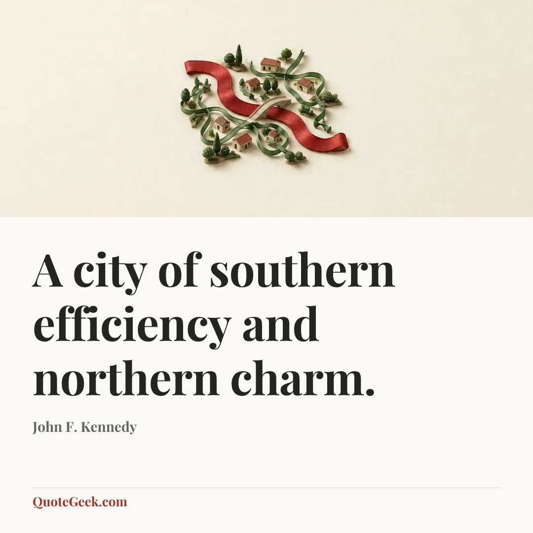 “A city of southern efficiency and northern charm.” — John F. Kennedy. Illustrated QuoteGeek card.