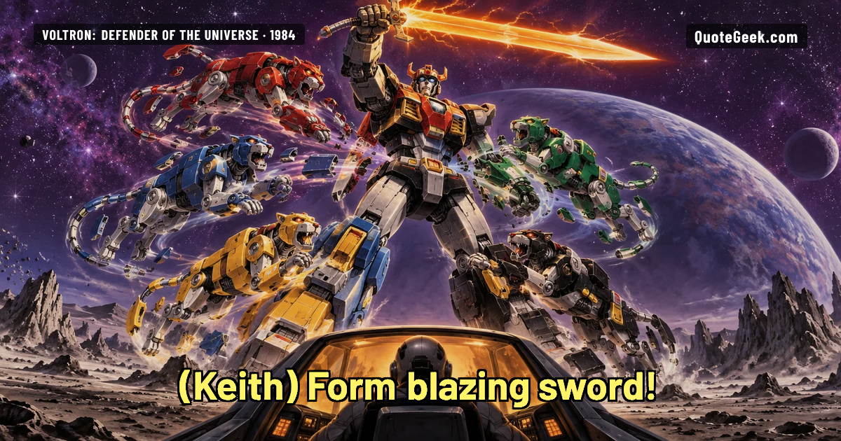 “Form blazing sword!” — Keith · Voltron: Defender of the Universe. Illustrated QuoteGeek card.
