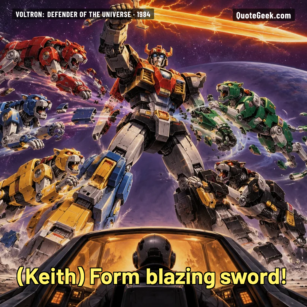 “Form blazing sword!” — Keith · Voltron: Defender of the Universe. Illustrated QuoteGeek card.