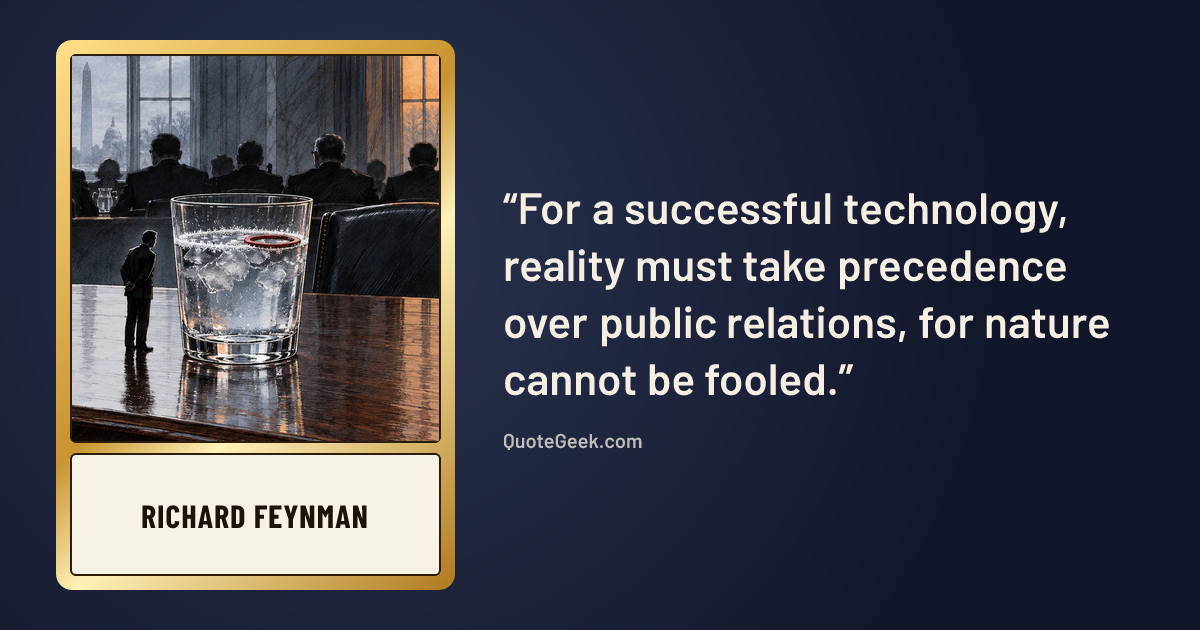“For a successful technology, reality must take precedence over public relations, for nature cannot be fooled.” — Richard Feynman. Illustrated QuoteGeek card.
