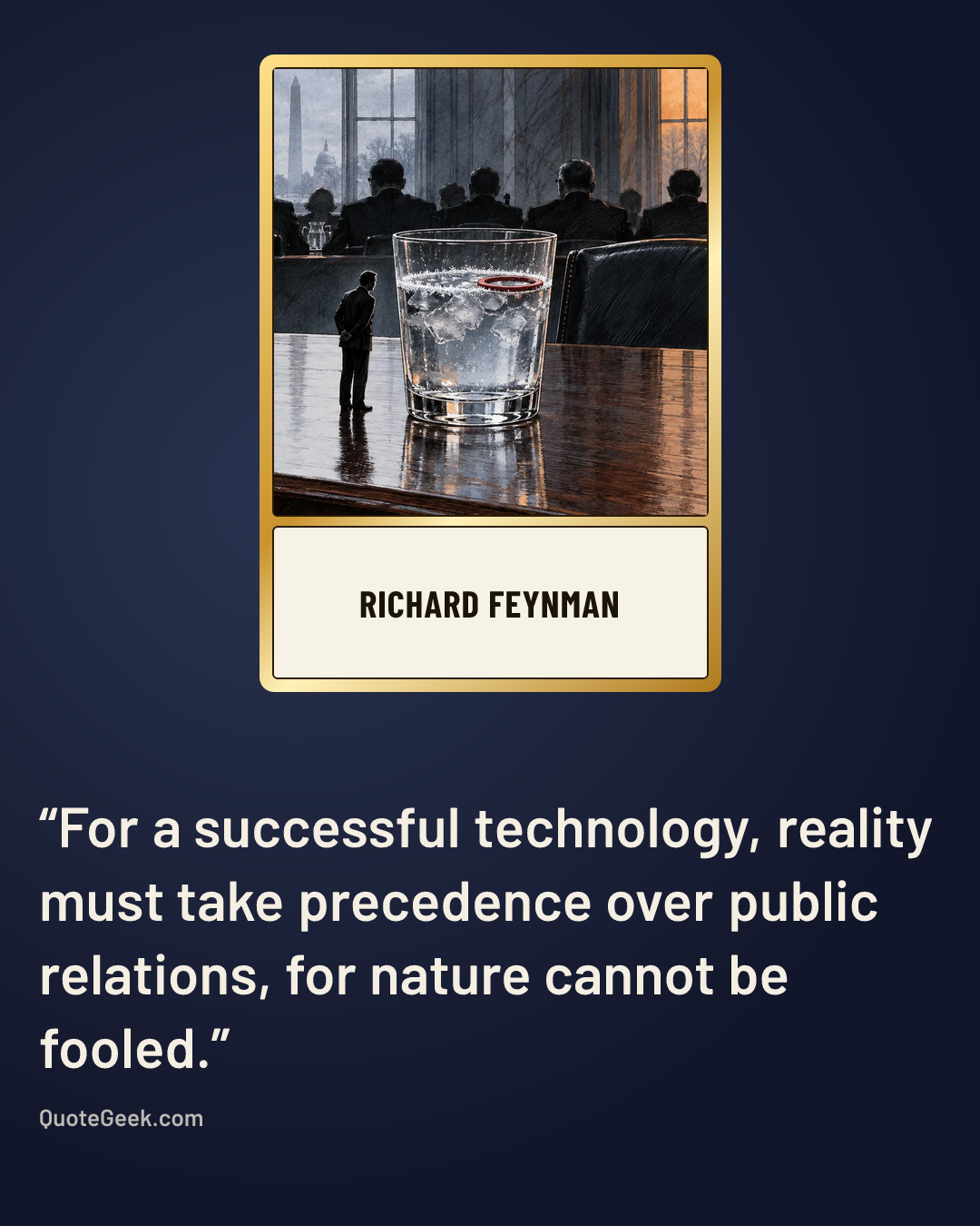 “For a successful technology, reality must take precedence over public relations, for nature cannot be fooled.” — Richard Feynman. Illustrated QuoteGeek card.