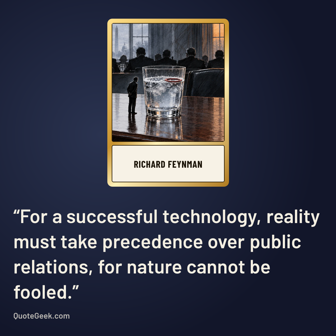 “For a successful technology, reality must take precedence over public relations, for nature cannot be fooled.” — Richard Feynman. Illustrated QuoteGeek card.