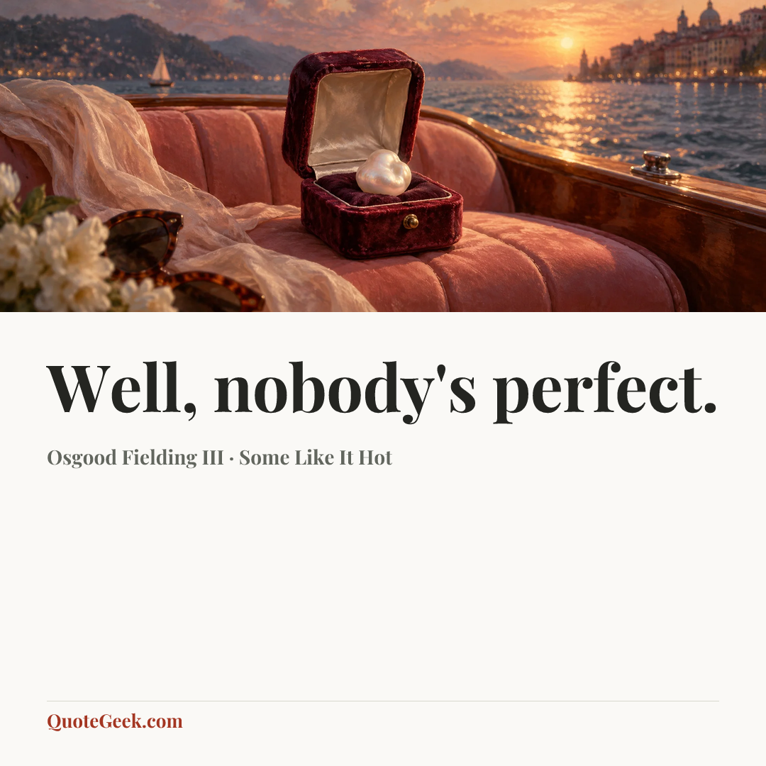 “Well, nobody's perfect.” — Osgood Fielding III · Some Like It Hot. Illustrated QuoteGeek card.