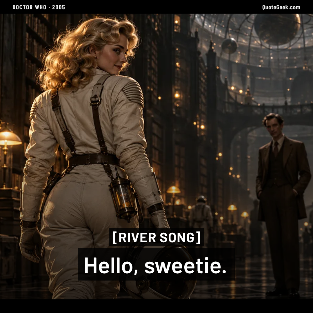 “Hello, sweetie.” — River Song · Doctor Who. Illustrated QuoteGeek card.