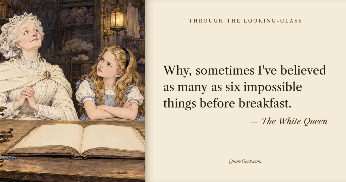 “Why, sometimes I've believed as many as six impossible things before breakfast.” — The White Queen · Through the Looking-Glass. Illustrated QuoteGeek card.