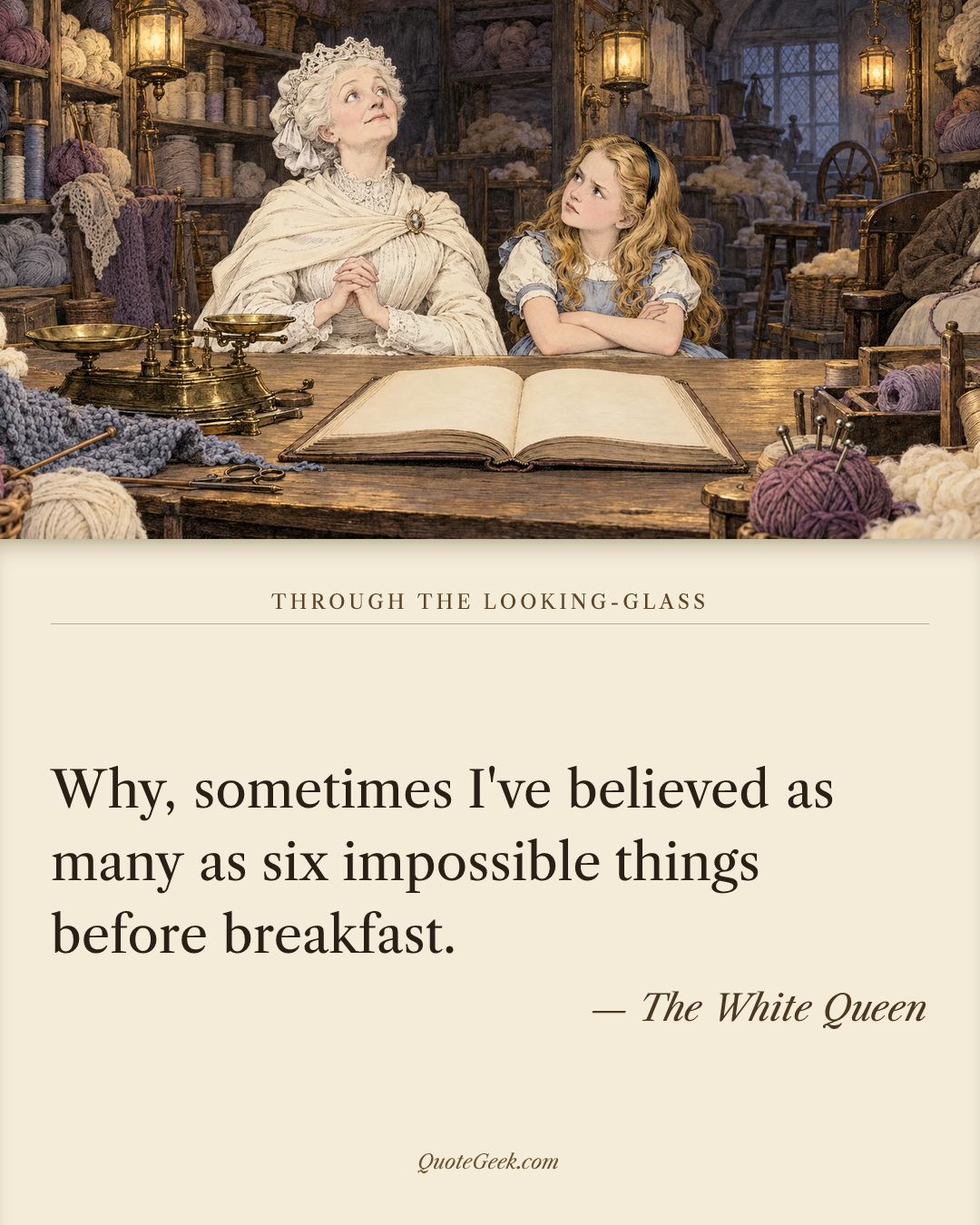 “Why, sometimes I've believed as many as six impossible things before breakfast.” — The White Queen · Through the Looking-Glass. Illustrated QuoteGeek card.