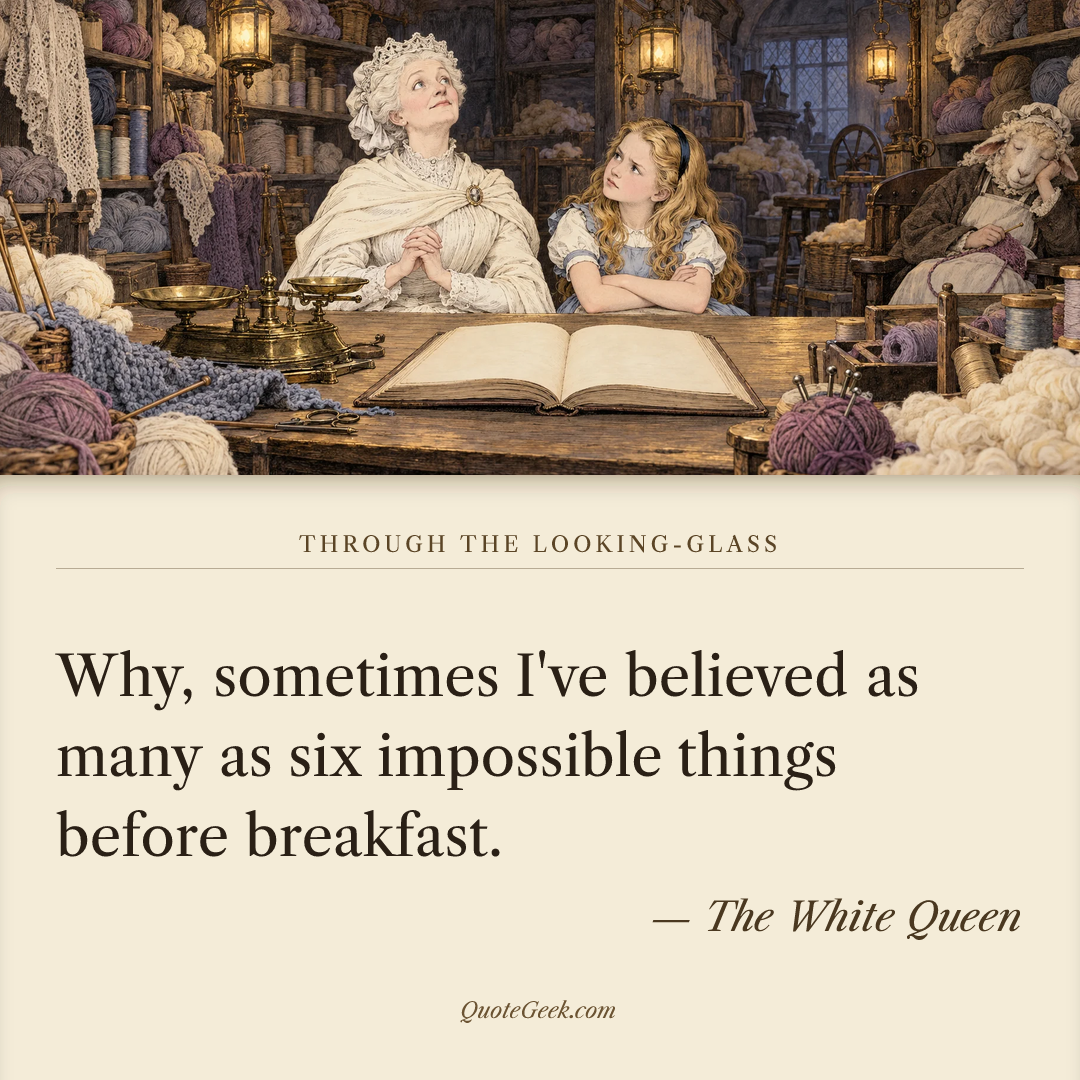 “Why, sometimes I've believed as many as six impossible things before breakfast.” — The White Queen · Through the Looking-Glass. Illustrated QuoteGeek card.