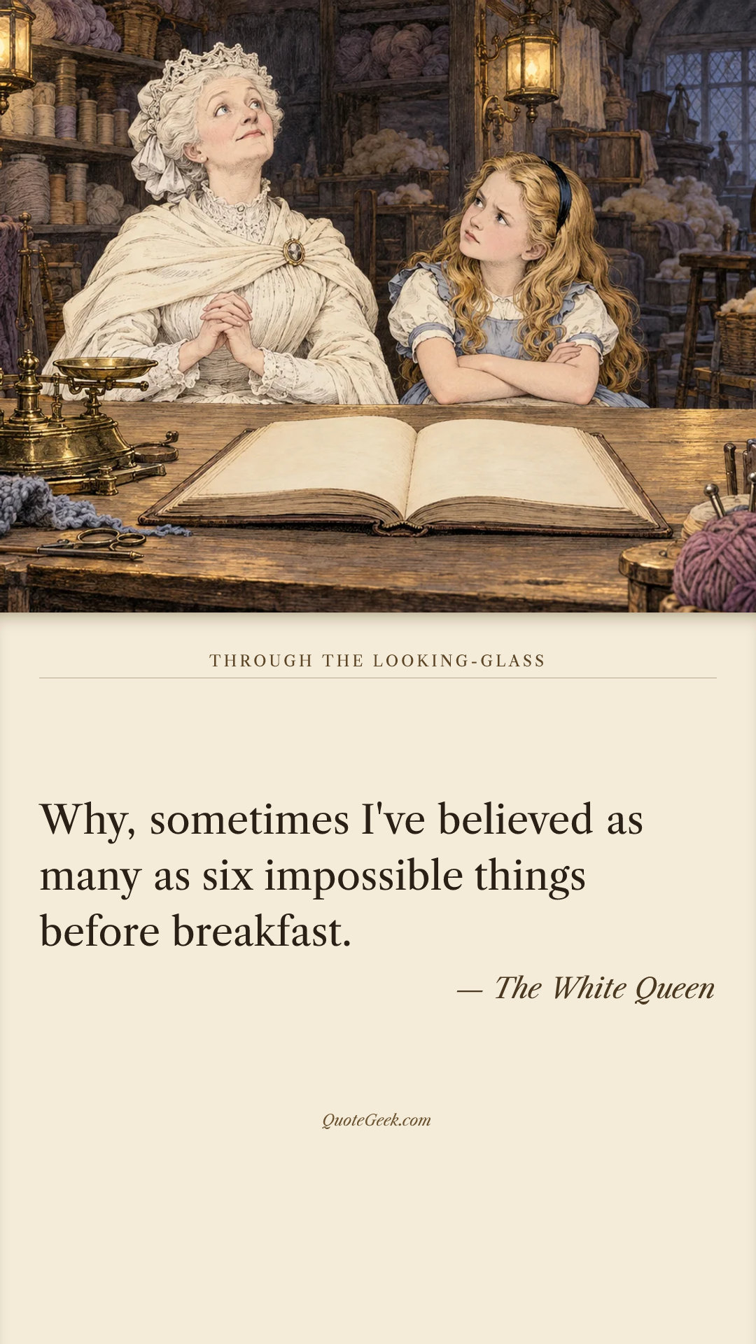 “Why, sometimes I've believed as many as six impossible things before breakfast.” — The White Queen · Through the Looking-Glass. Illustrated QuoteGeek card.