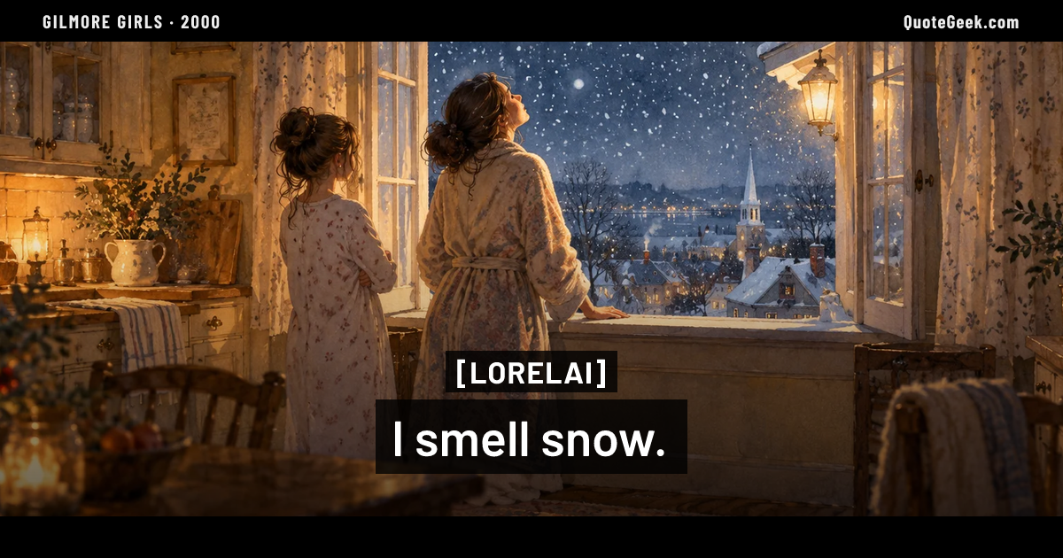 “I smell snow.” — Lorelai · Gilmore Girls. Illustrated QuoteGeek card.