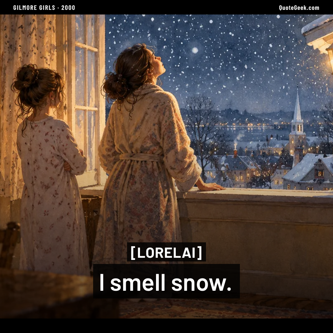 “I smell snow.” — Lorelai · Gilmore Girls. Illustrated QuoteGeek card.