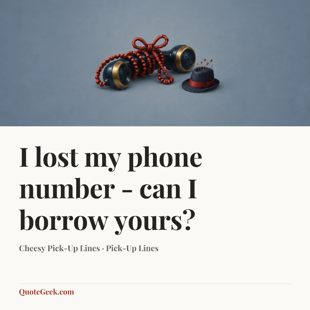 “I lost my phone number - can I borrow yours?” — Cheesy Pick-Up Lines · Pick-Up Lines. Illustrated QuoteGeek card.