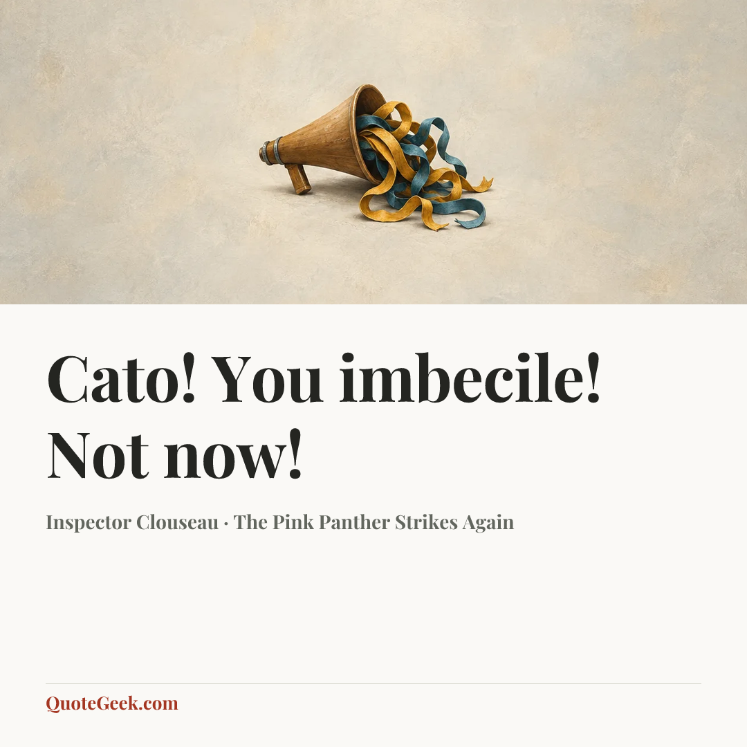 “Cato! You imbecile! Not now!” — Inspector Clouseau · The Pink Panther Strikes Again. Illustrated QuoteGeek card.