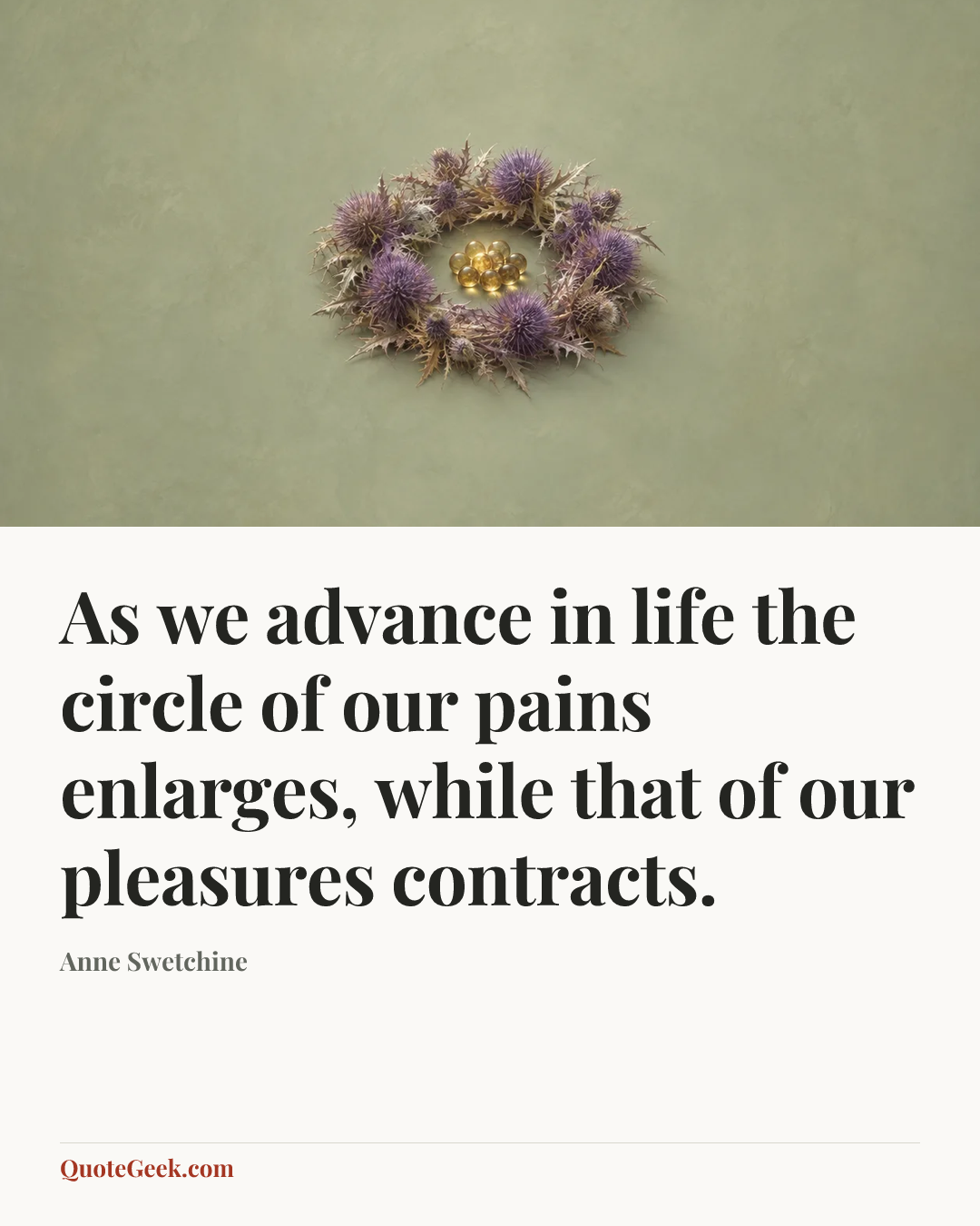 “As we advance in life the circle of our pains enlarges, while that of our pleasures contracts.” — Anne Swetchine. Illustrated QuoteGeek card.