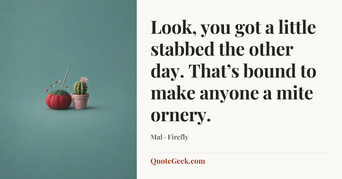 “Look, you got a little stabbed the other day. That’s bound to make anyone a mite ornery.” — Mal · Firefly. Illustrated QuoteGeek card.