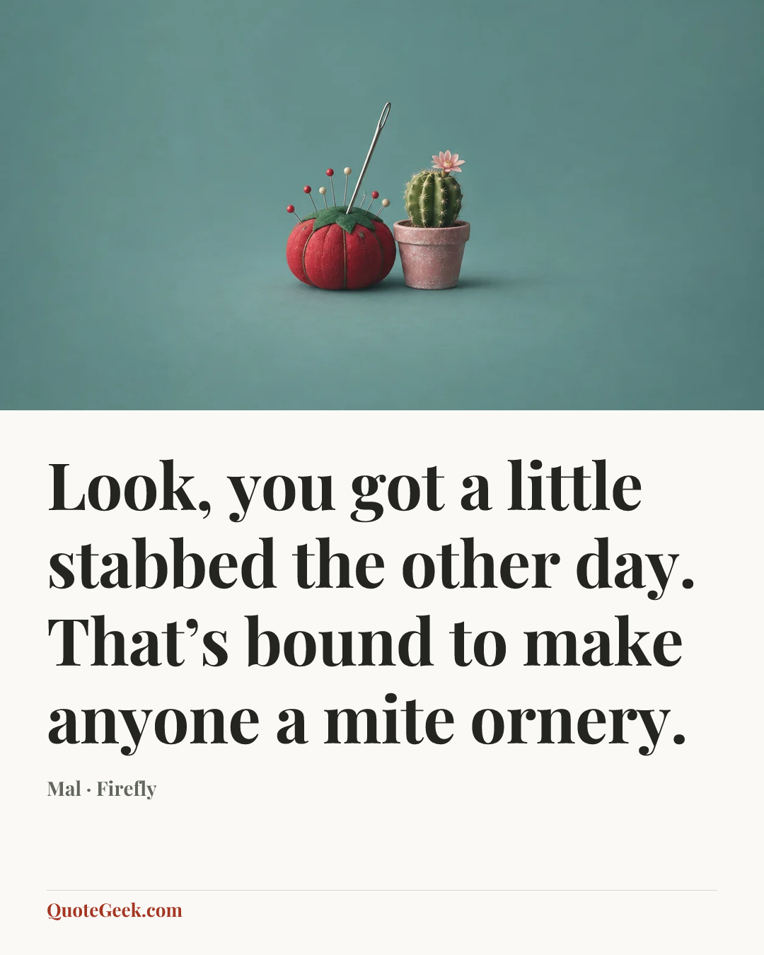 “Look, you got a little stabbed the other day. That’s bound to make anyone a mite ornery.” — Mal · Firefly. Illustrated QuoteGeek card.